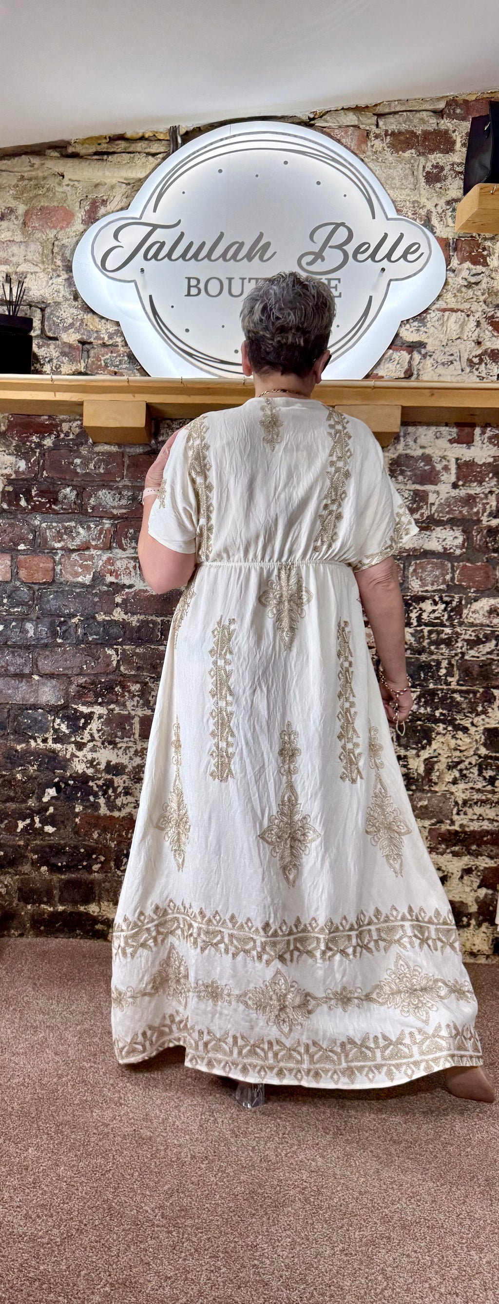 Linen blend “baroque” maxi dress