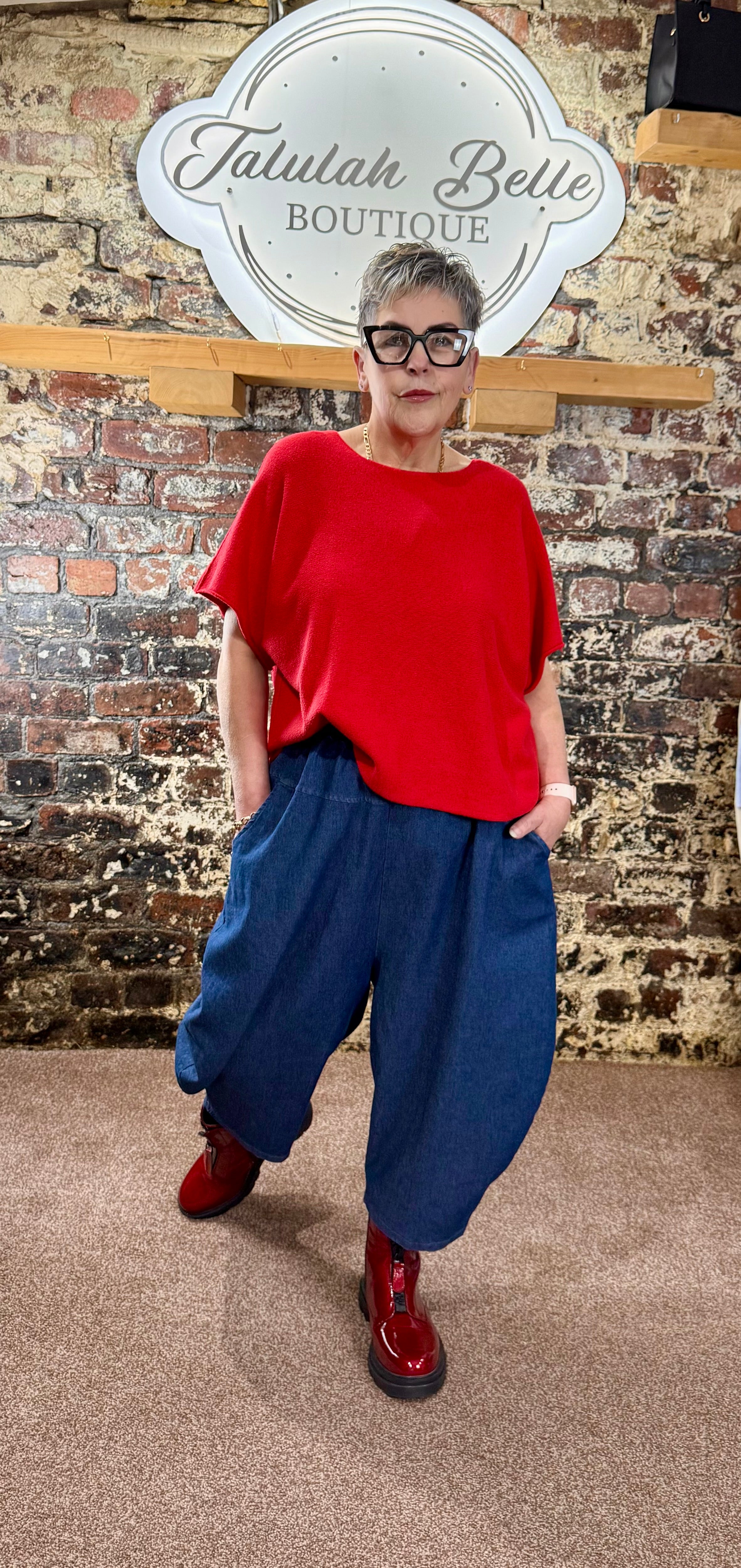 Chambray denim barrel leg trousers