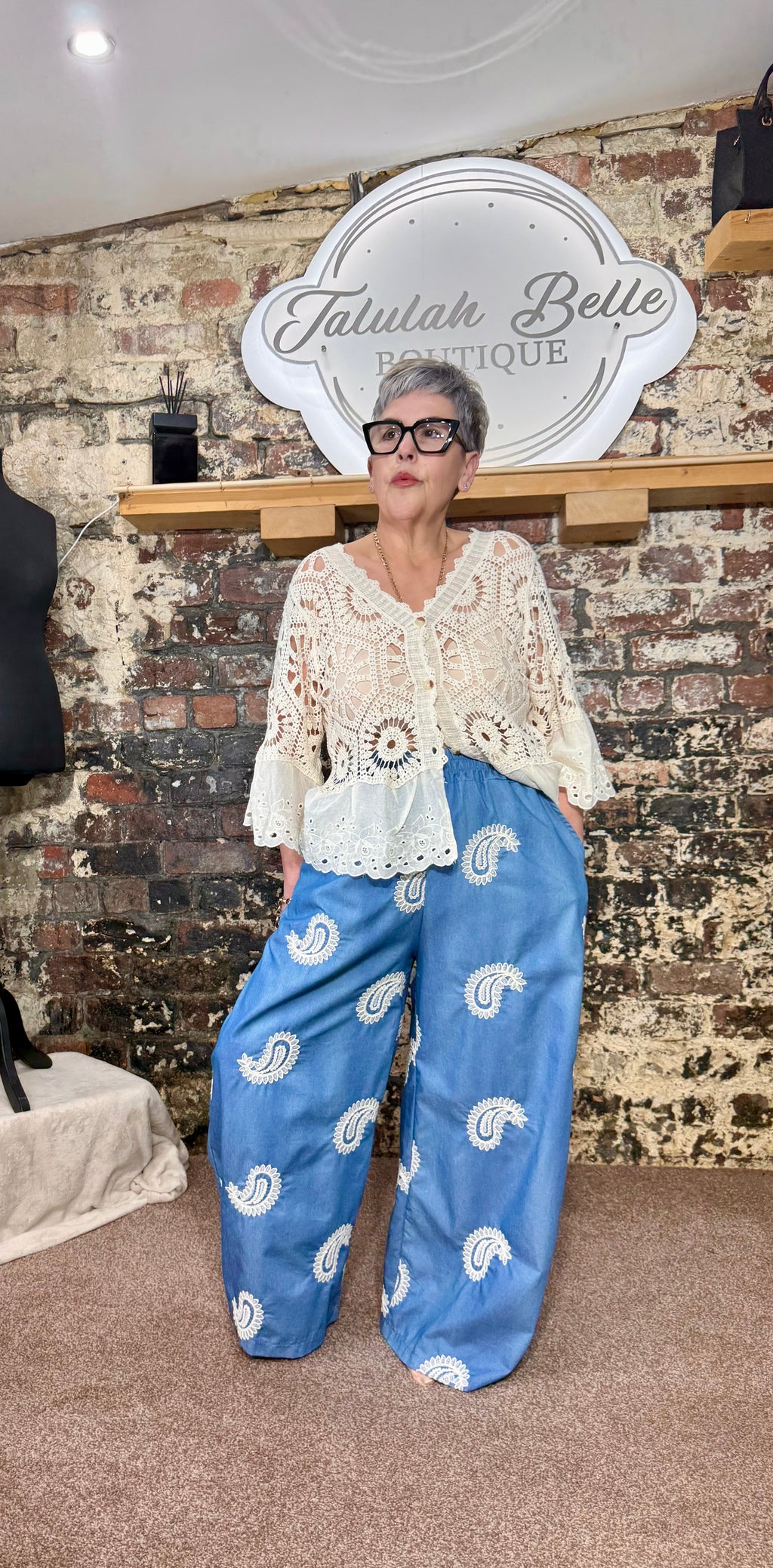Premium wide leg trousers with Paisley crochet appliqués