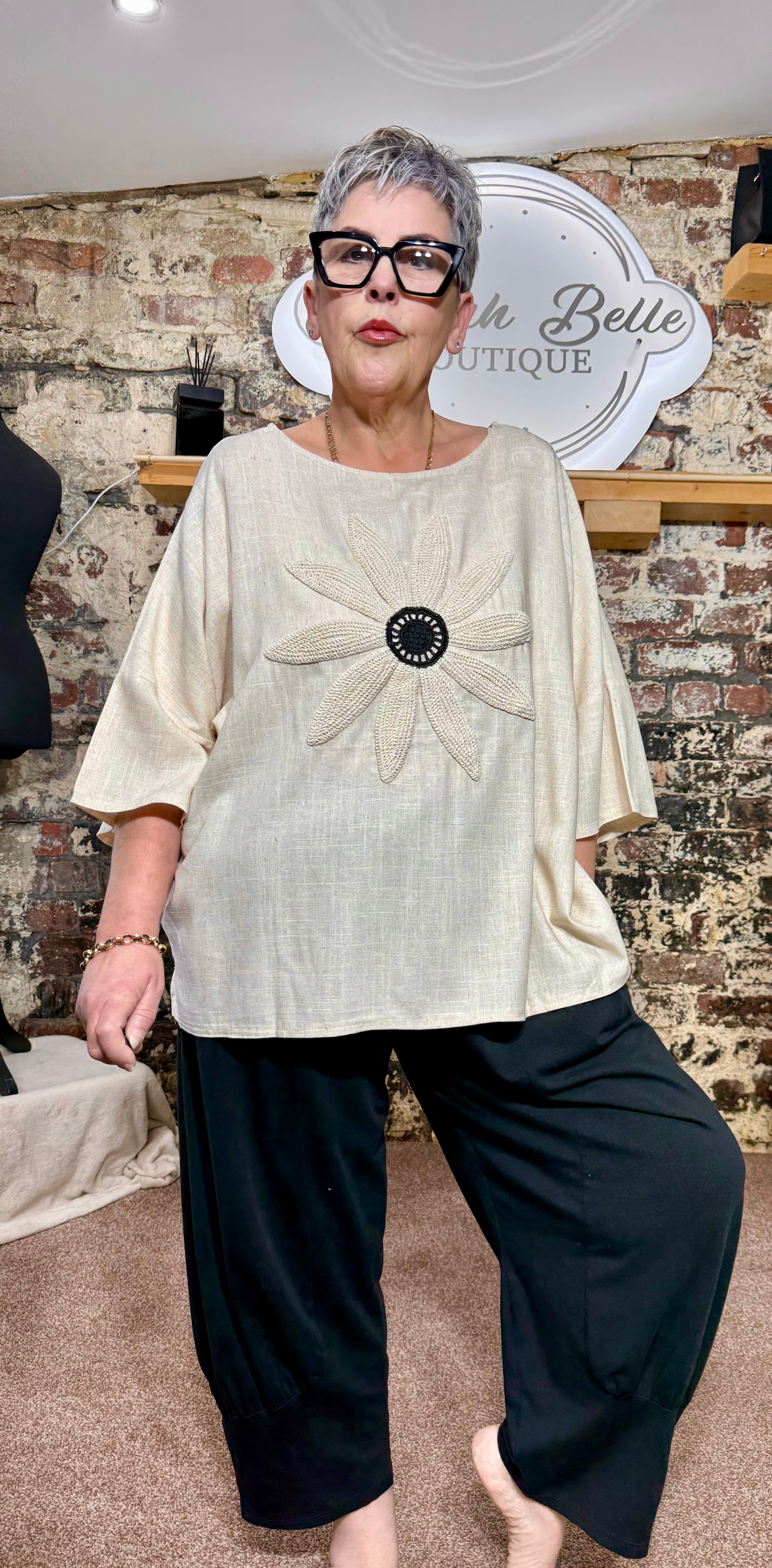 Linen mix Crochet appliqué boxy top