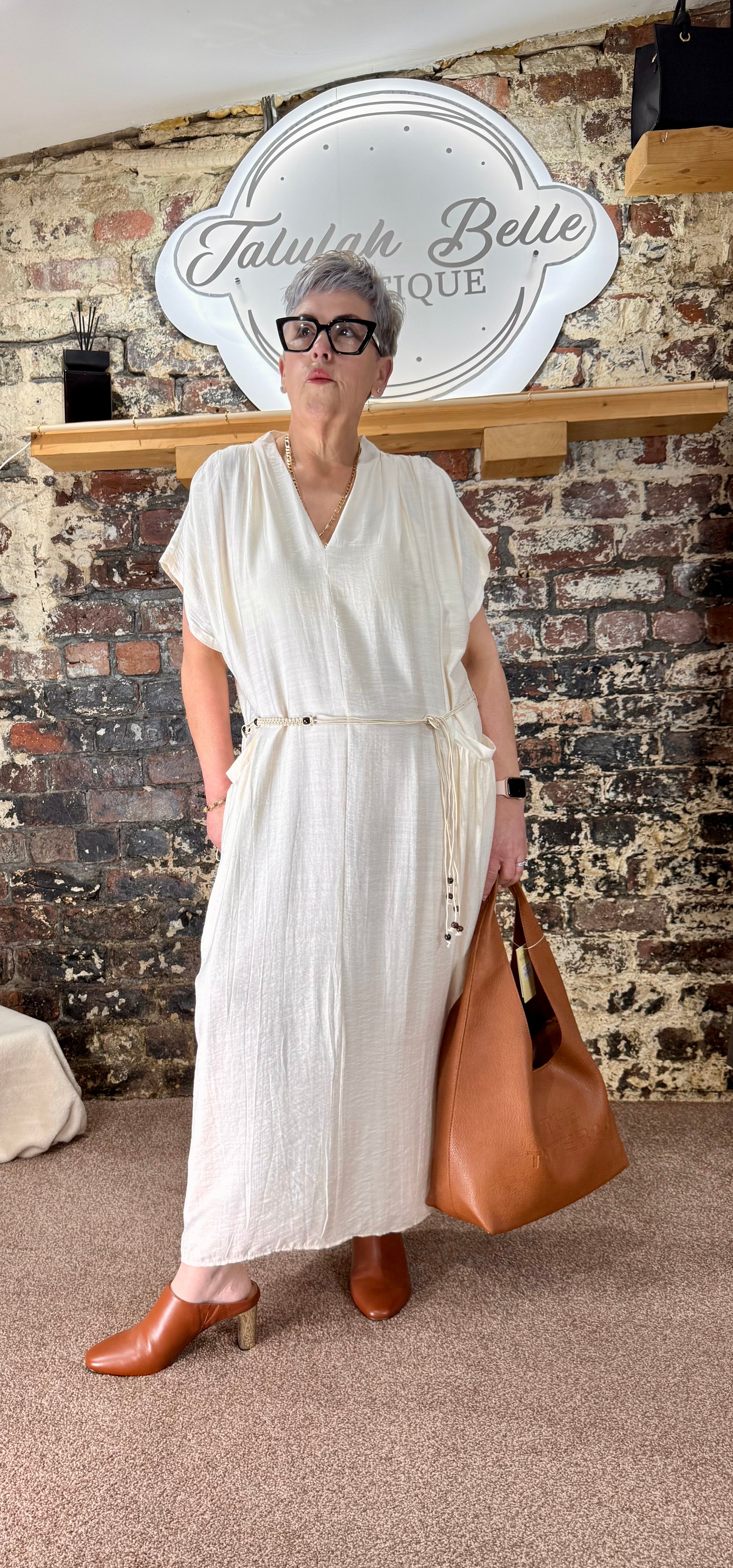Linen blend V-neck pocketed shift dress in Ecru.
