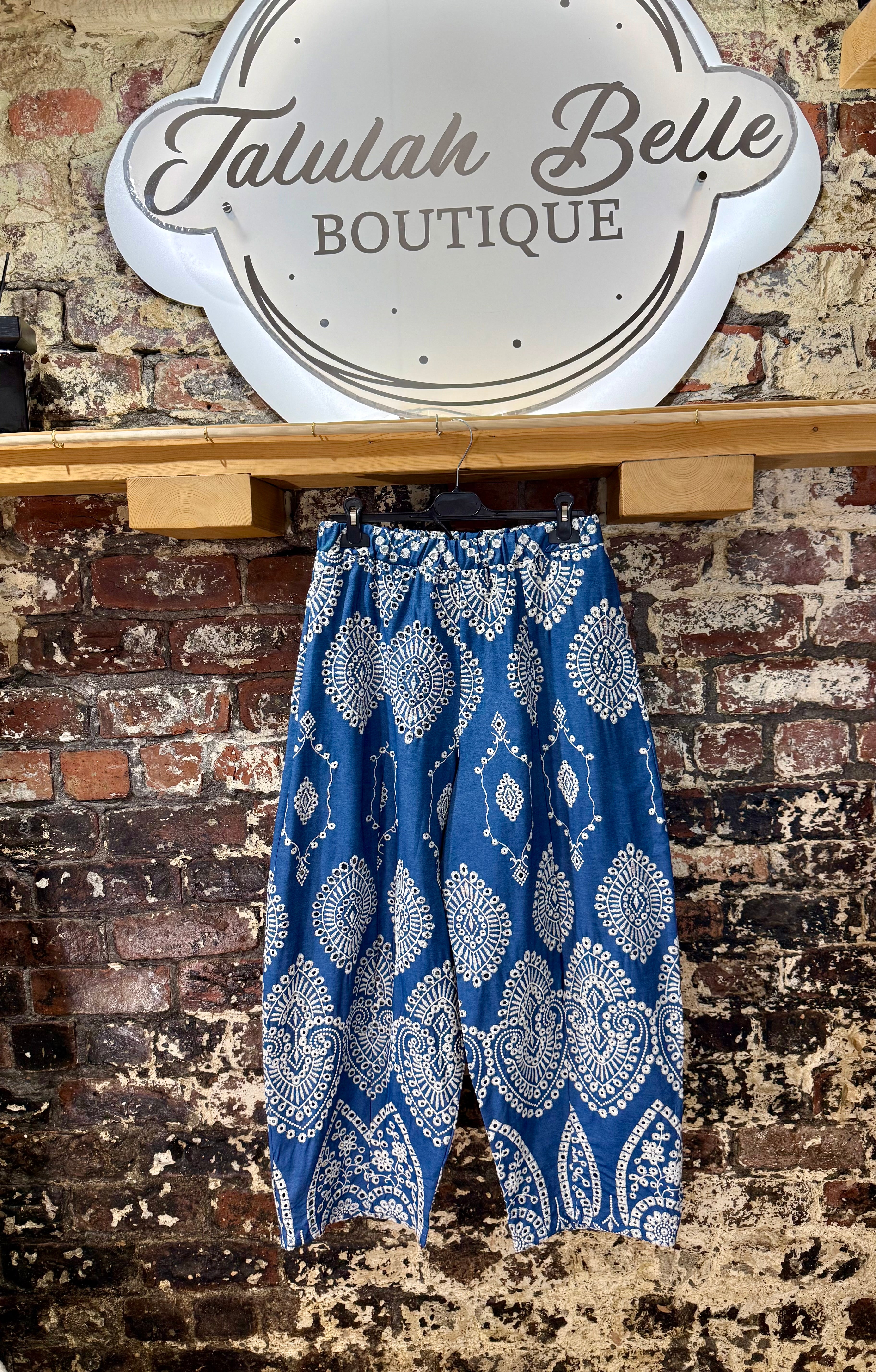 Premium broderie anglaise & embroidered barrel leg trousers