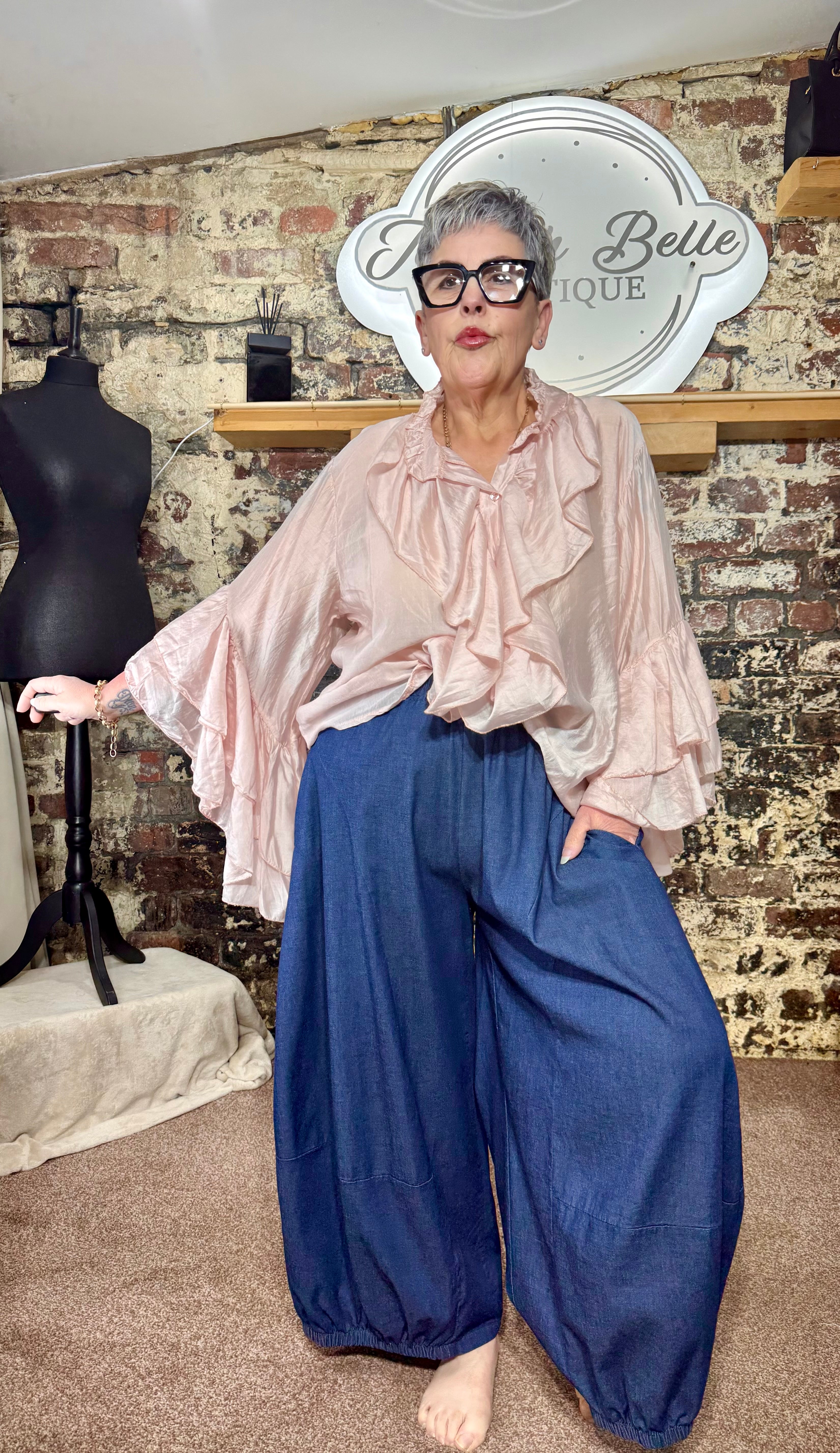 Chambray “denim” balloon leg trousers