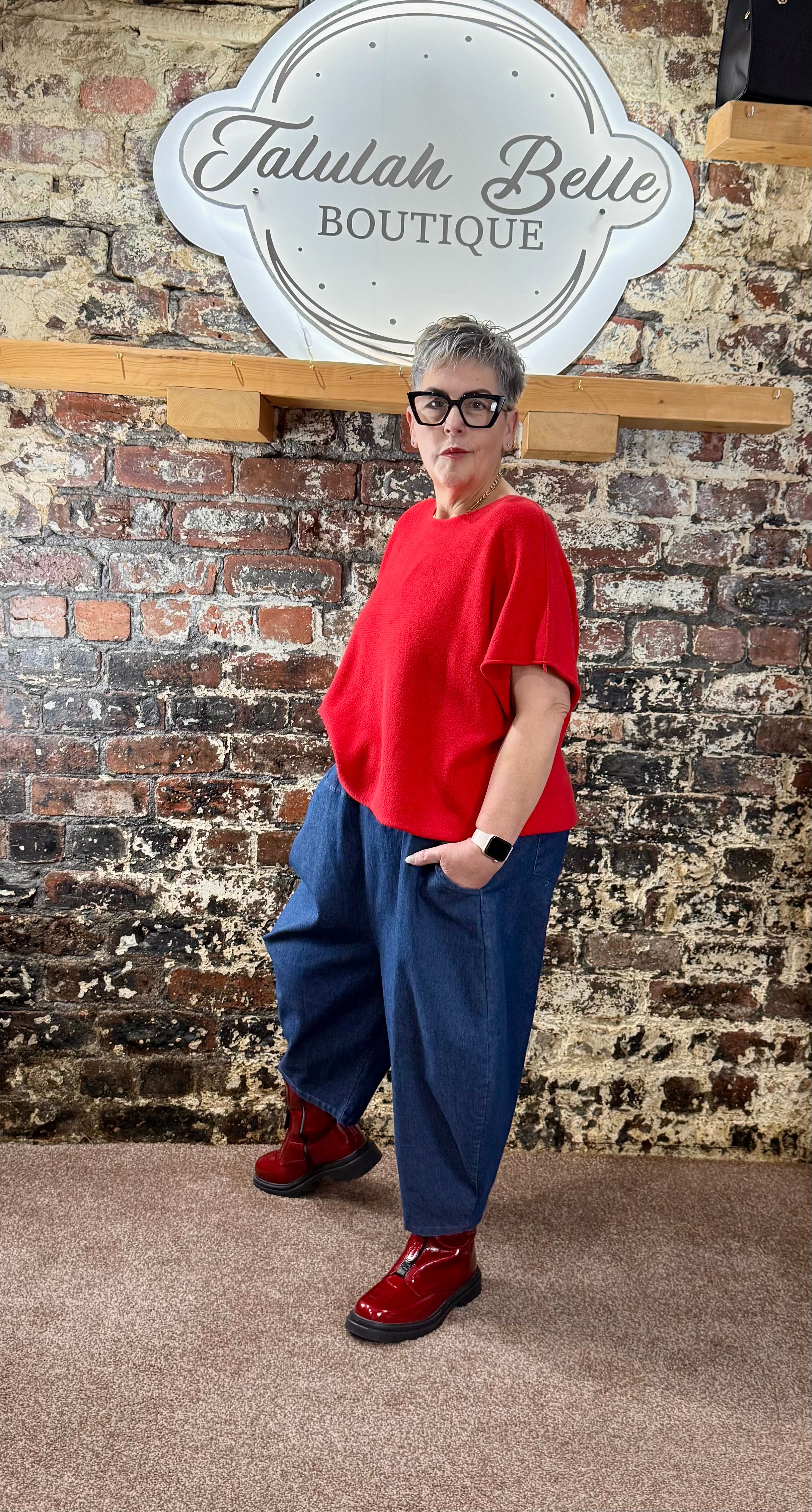 Chambray denim barrel leg trousers