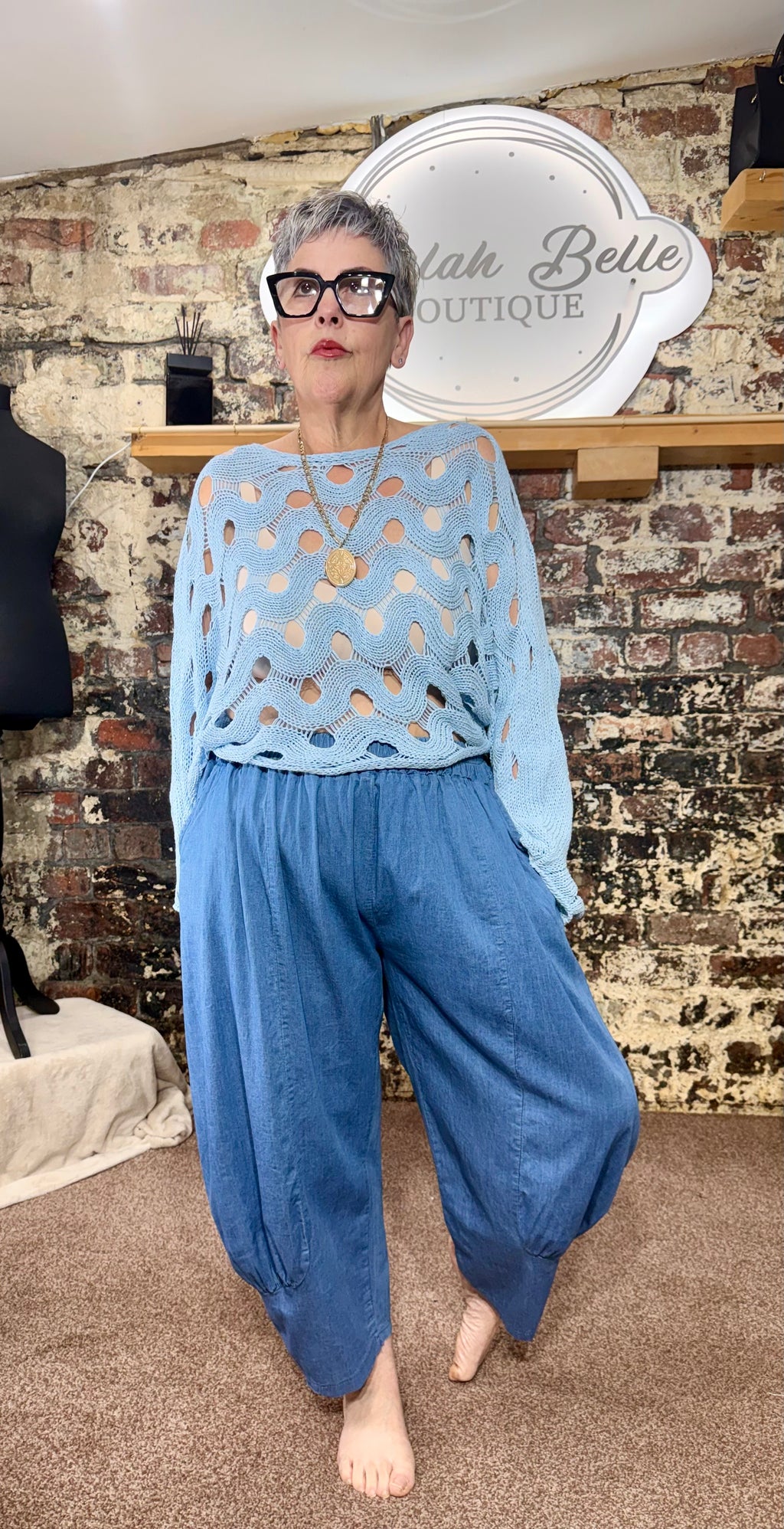 Chambray quirky wide cuff trousers.