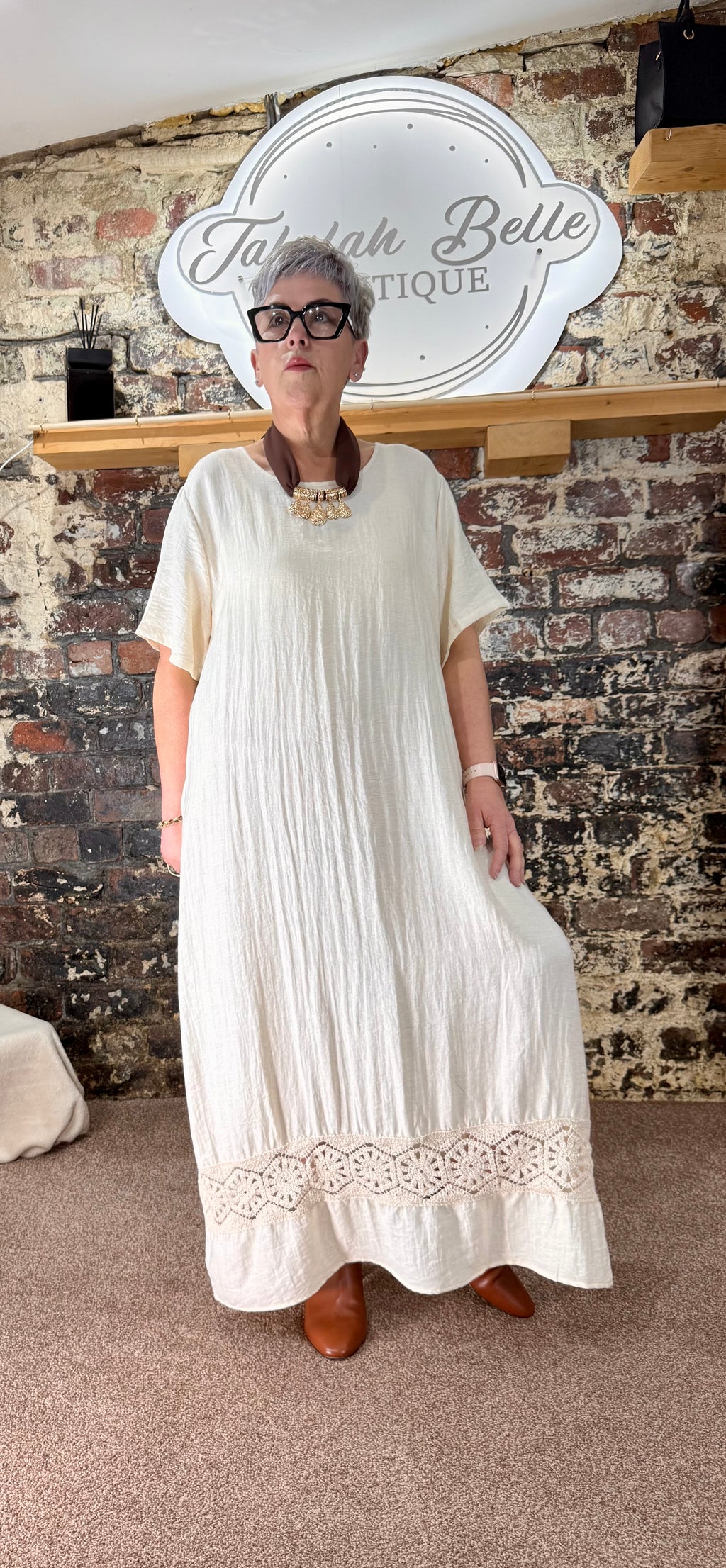 Linen blend crochet panel shift dress in Ecru