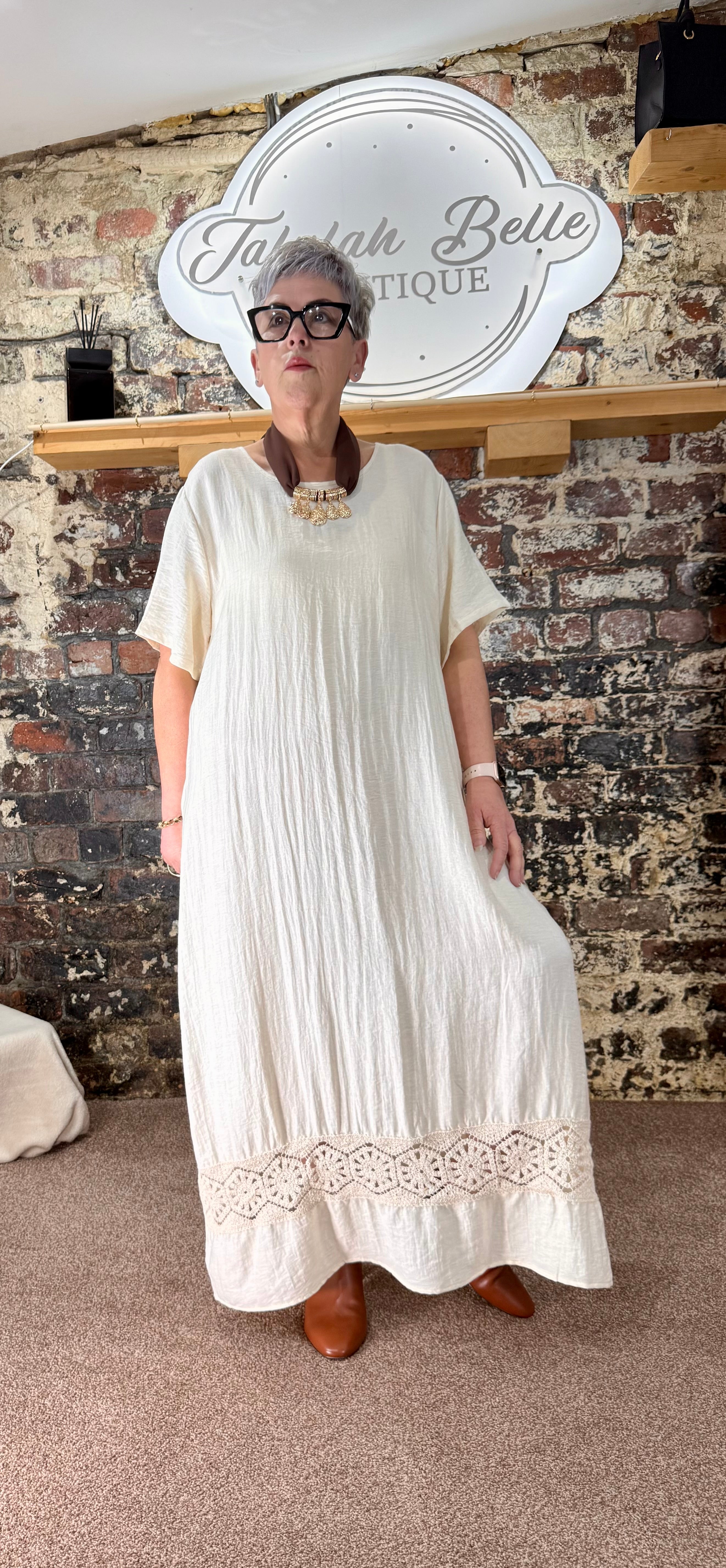 Linen blend crochet panel shift dress in Ecru