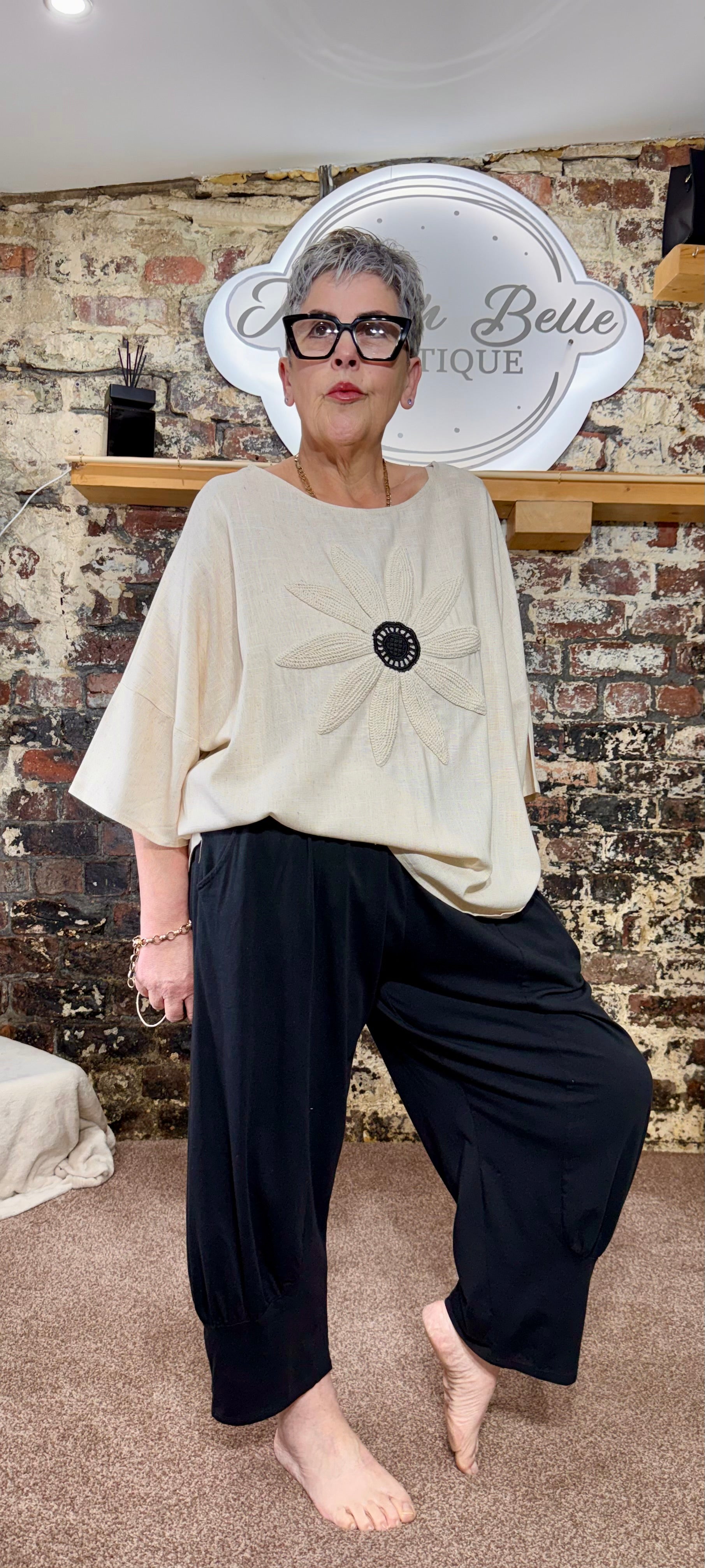 Linen mix Crochet appliqué boxy top