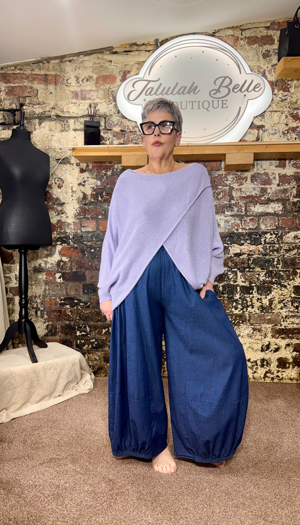 Chambray denim balloon leg trousers