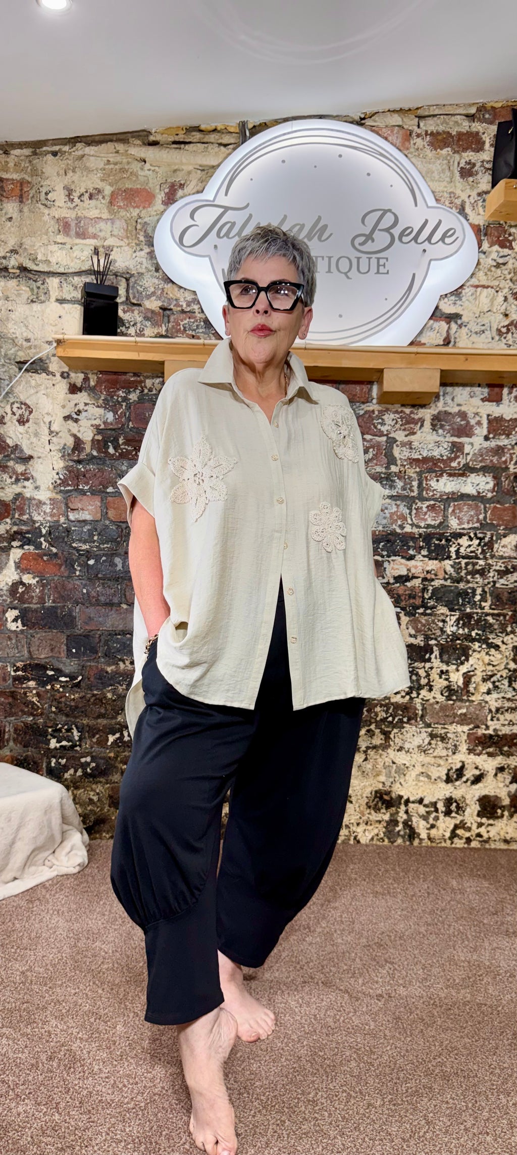 Linen blend oversized shirt with crochet appliqué