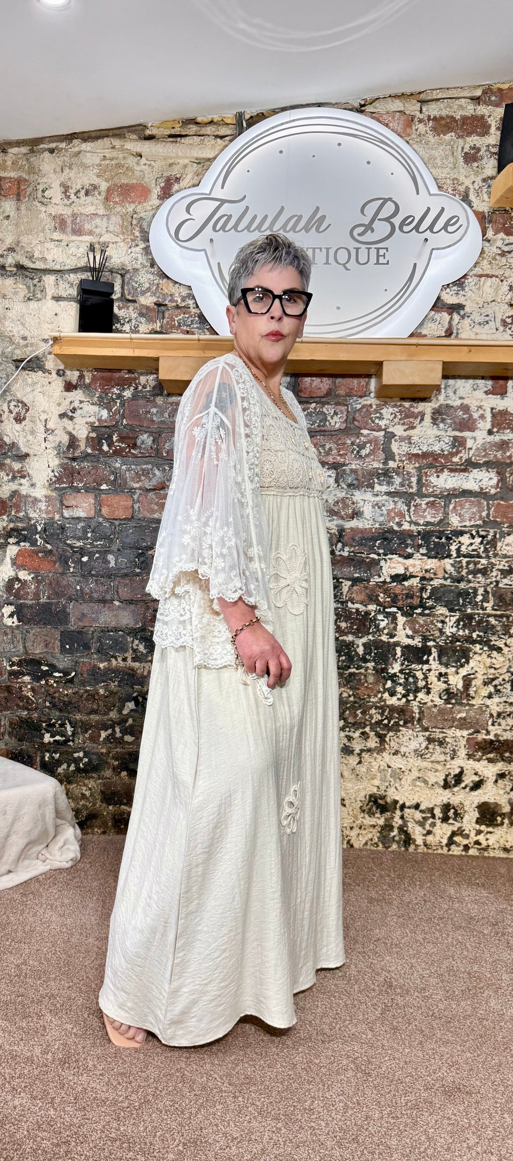 Linen blend dress with floral rope appliqués & crochet bust