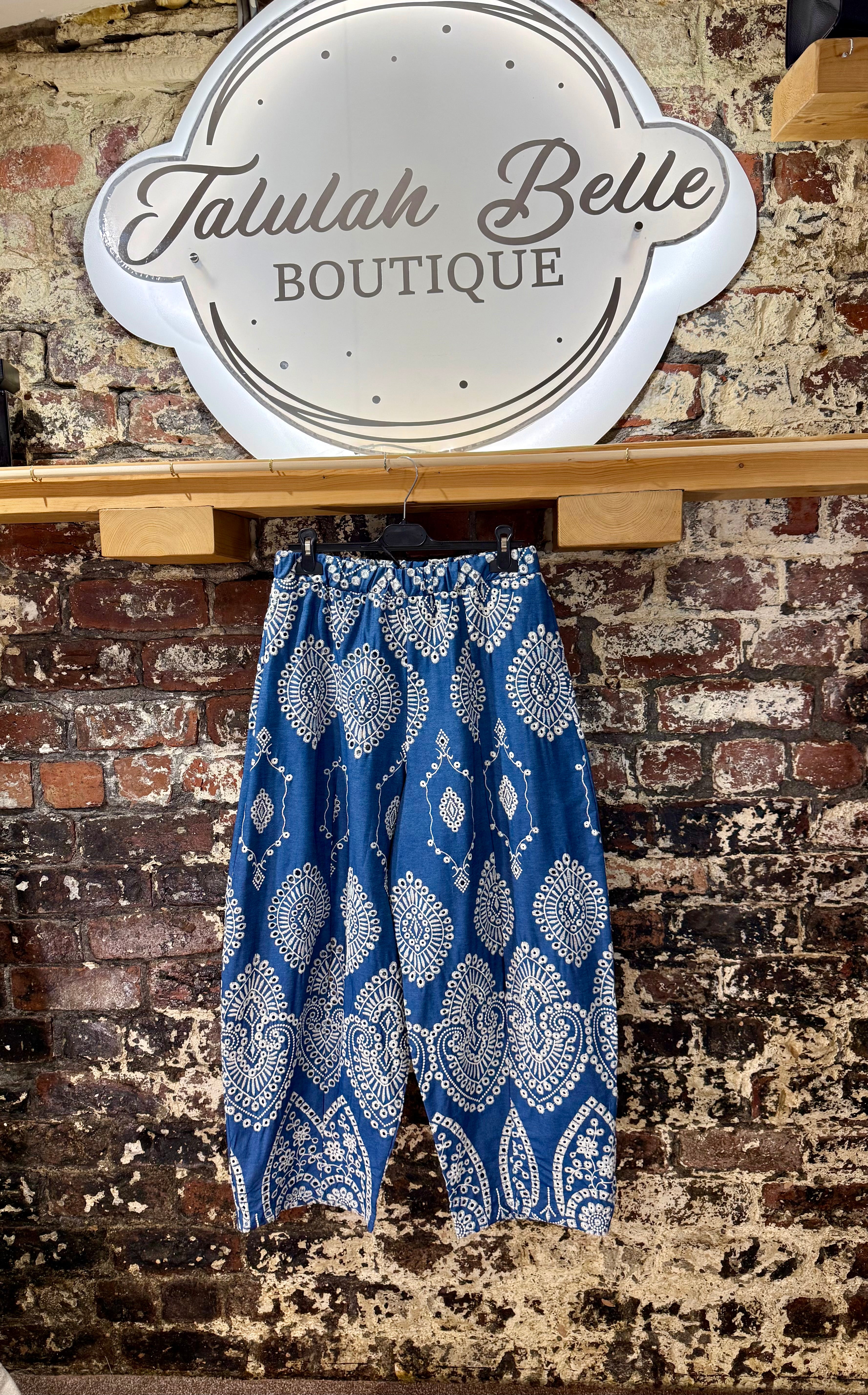 Premium broderie anglaise & embroidered barrel leg trousers