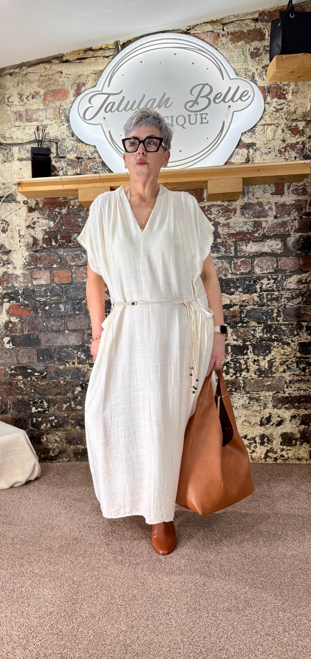 Linen blend V-neck pocketed shift dress in Ecru.