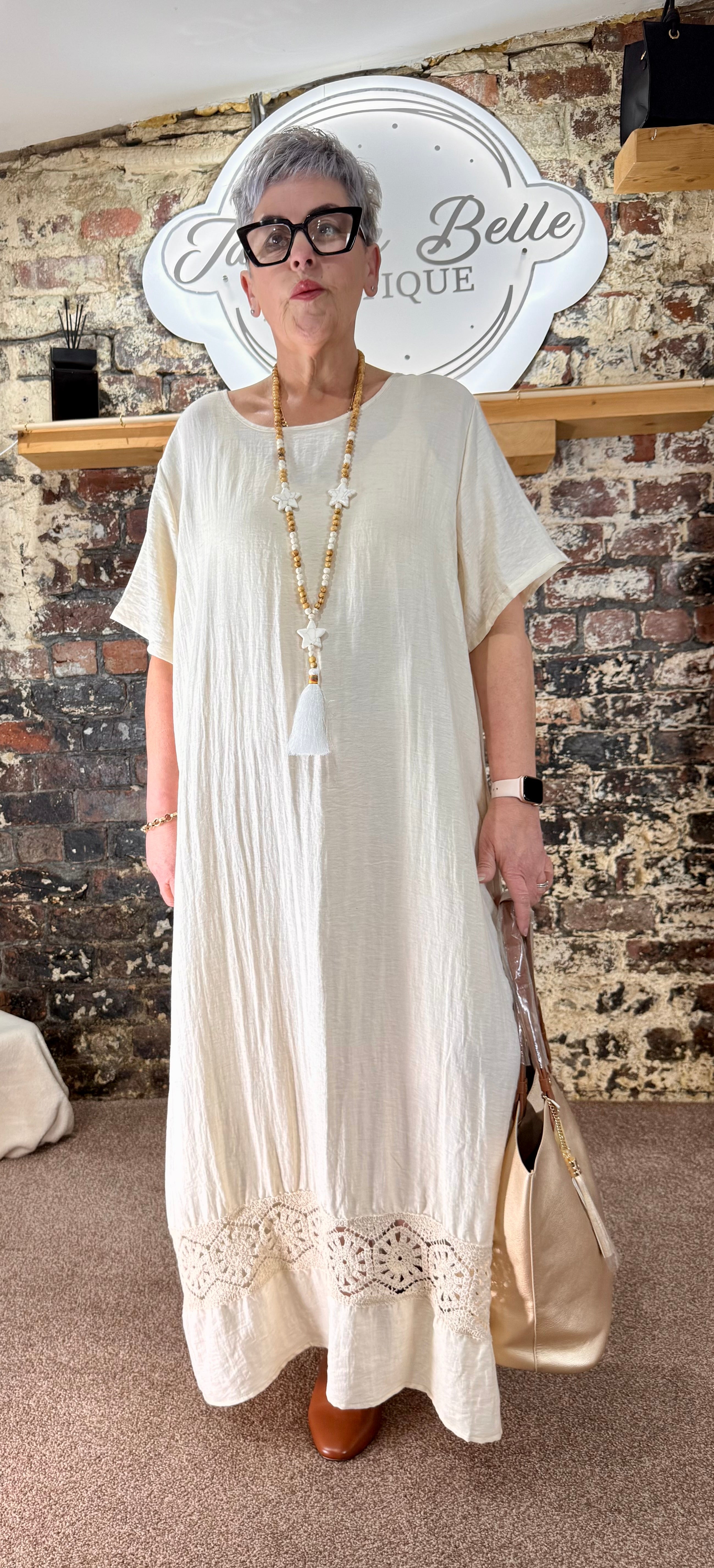 Linen blend crochet panel shift dress in Ecru