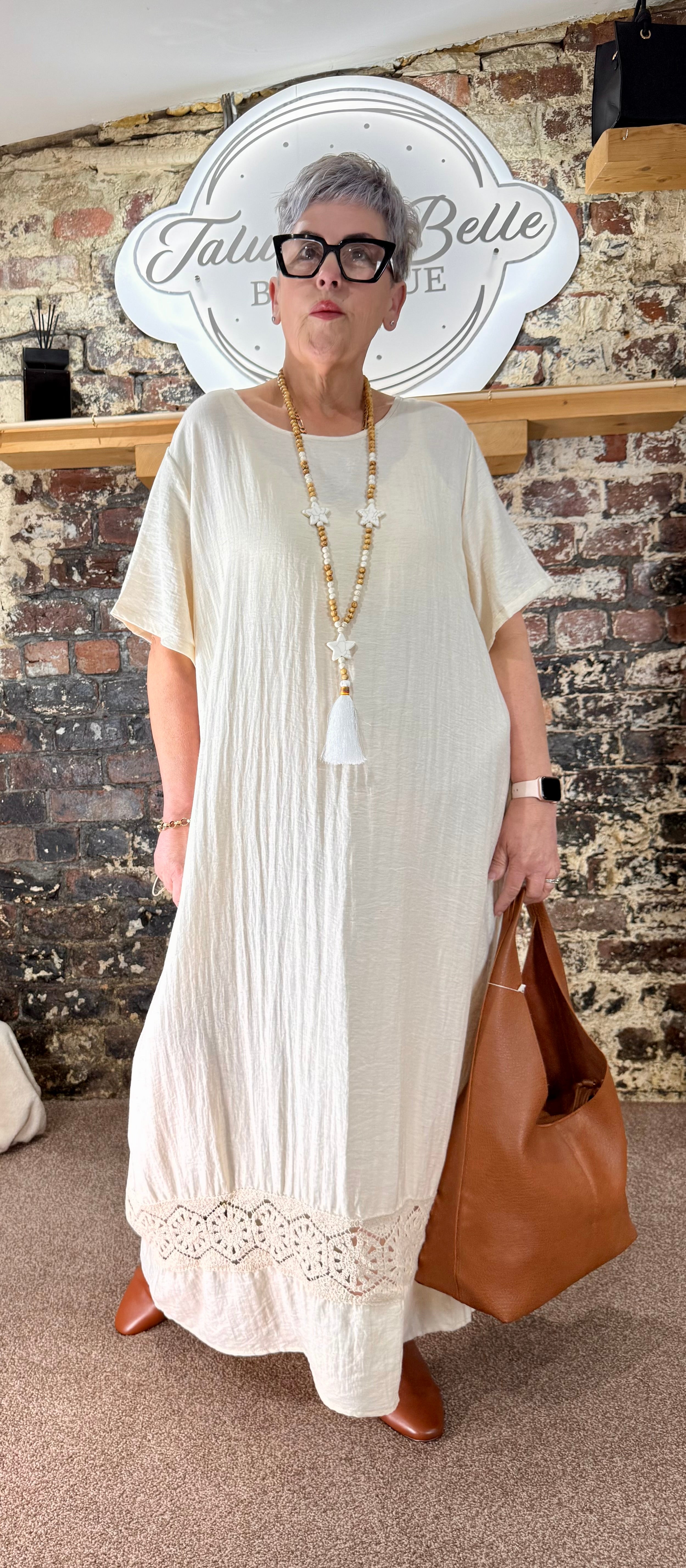Linen blend crochet panel shift dress in Ecru