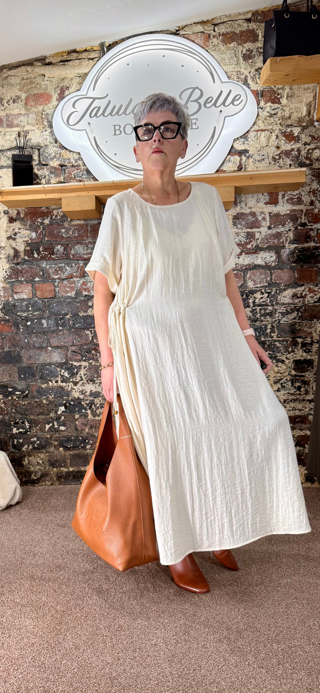 Tie side shift dress in ecru