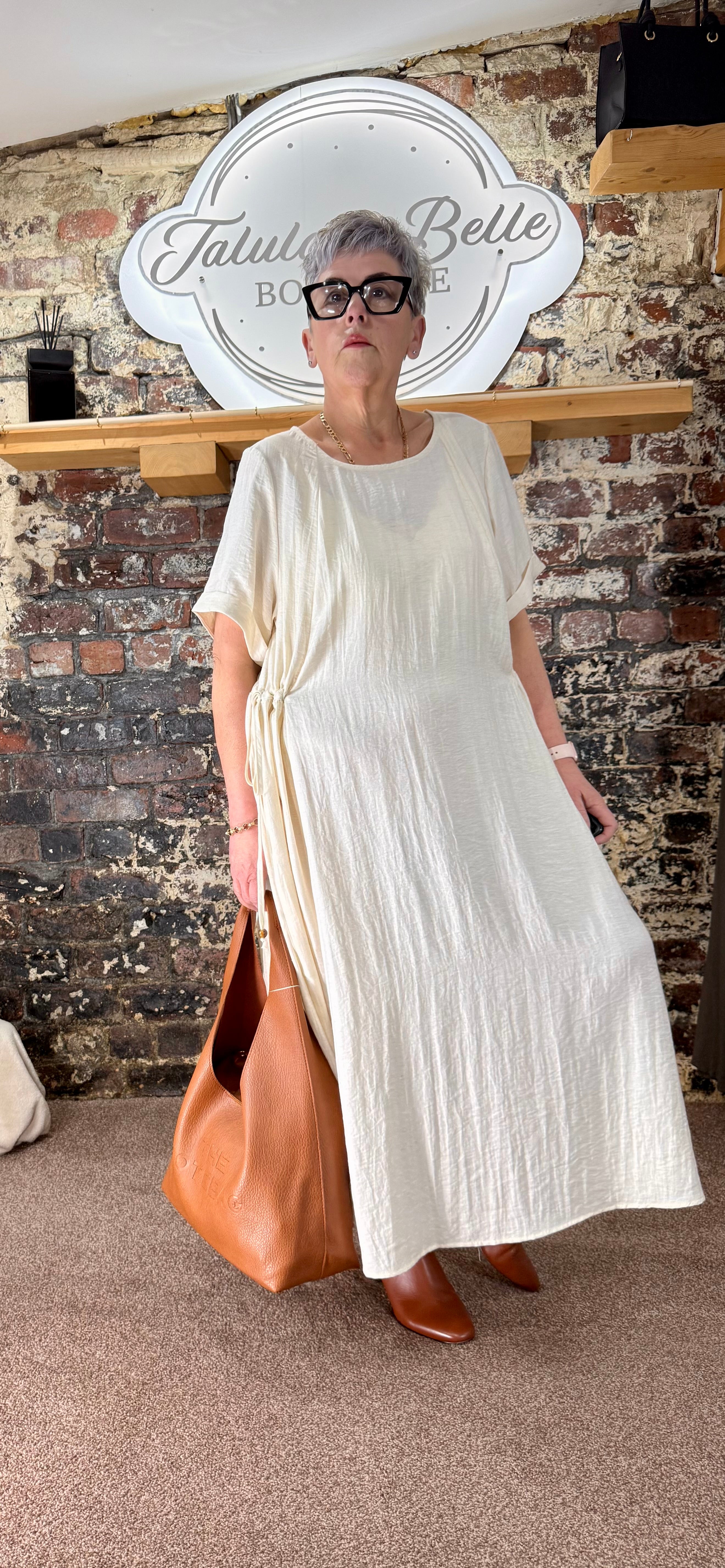 Tie side shift dress in ecru