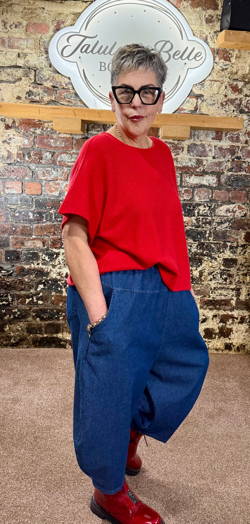 Chambray denim barrel leg trousers