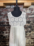 Linen blend dress with floral rope appliqués & crochet bust