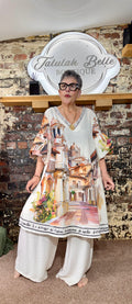 Shift dress with puffball sleeves