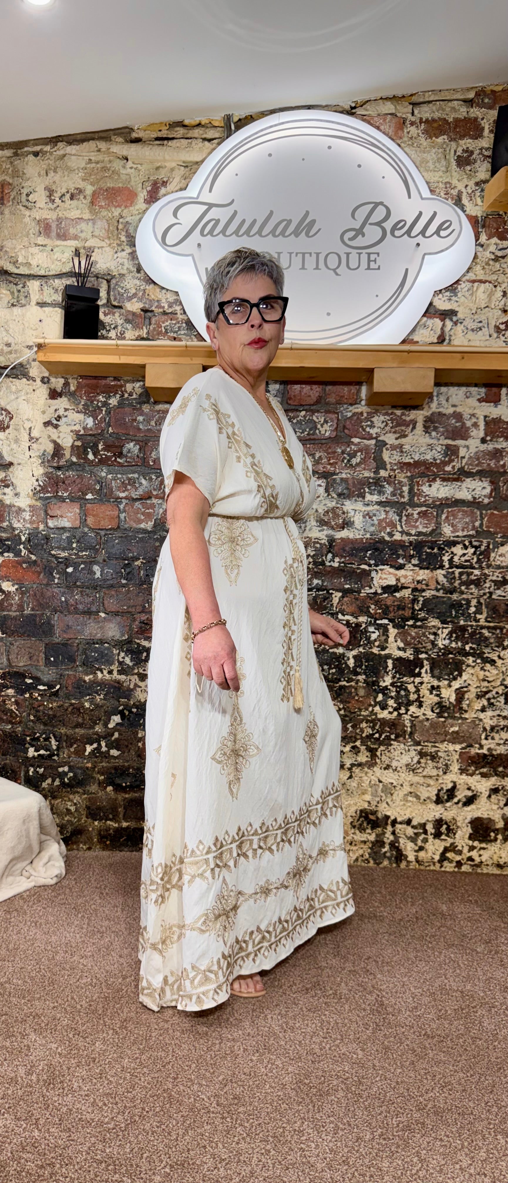 Linen blend “baroque” maxi dress