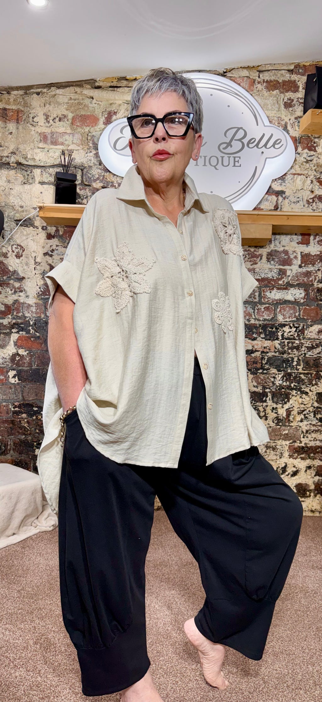 Linen blend oversized shirt with crochet appliqué