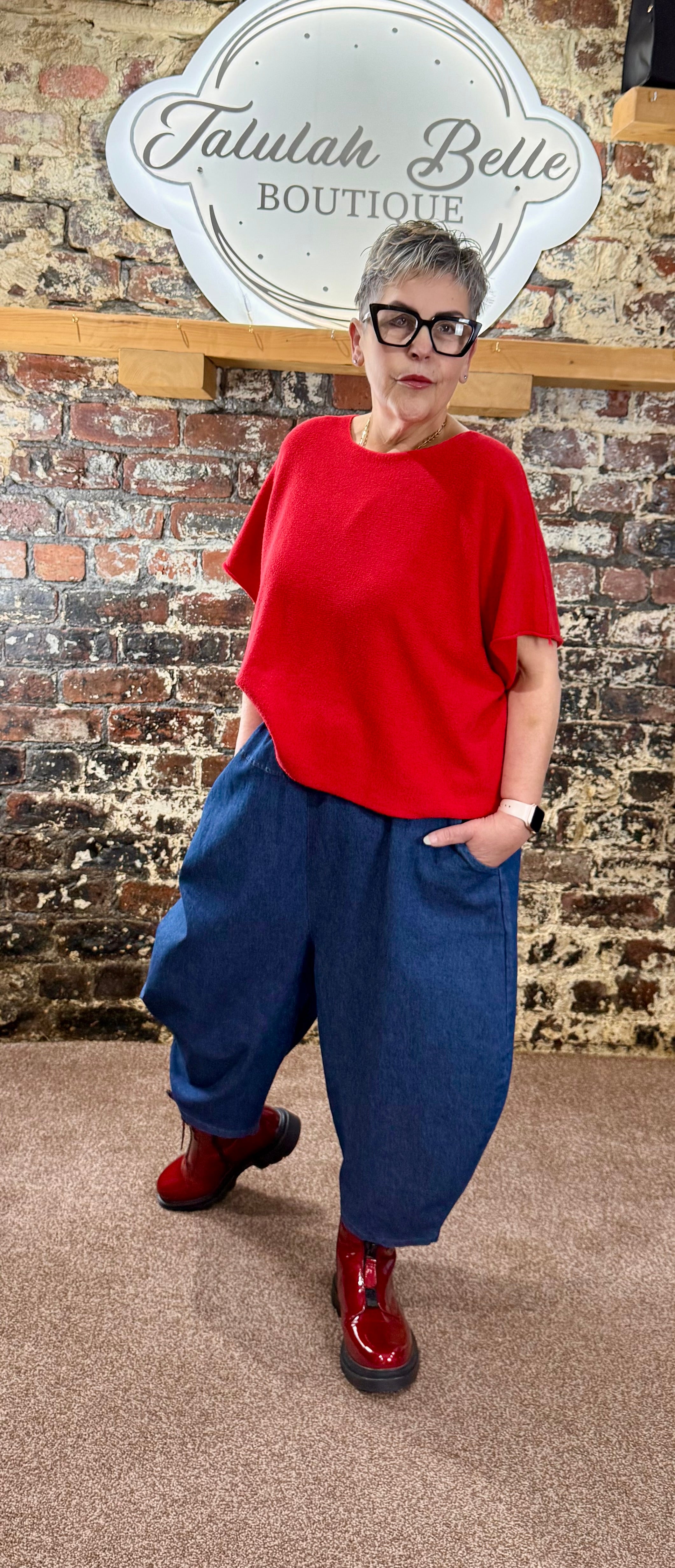 Chambray denim barrel leg trousers
