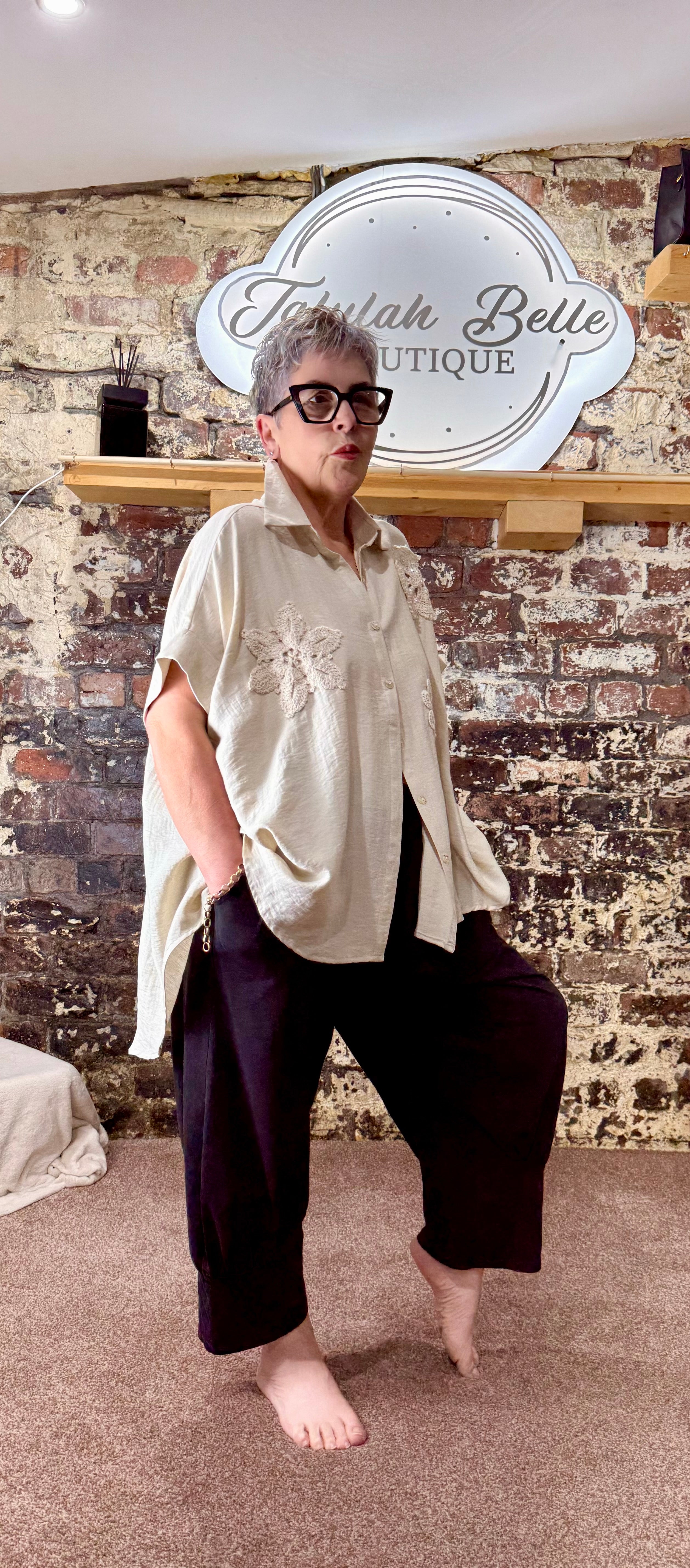 Linen blend oversized shirt with crochet appliqué