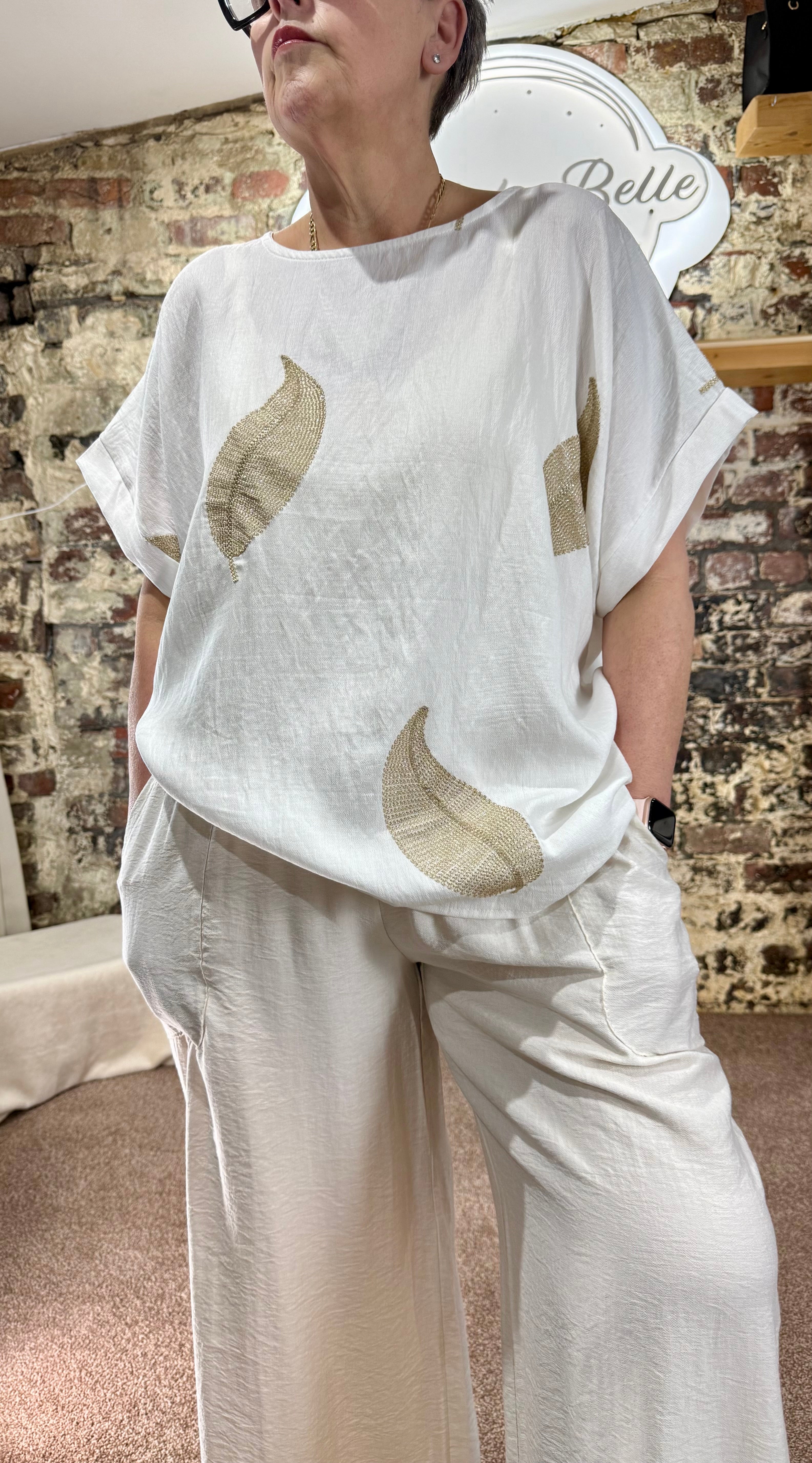 Gold leaf boxy linen blend top