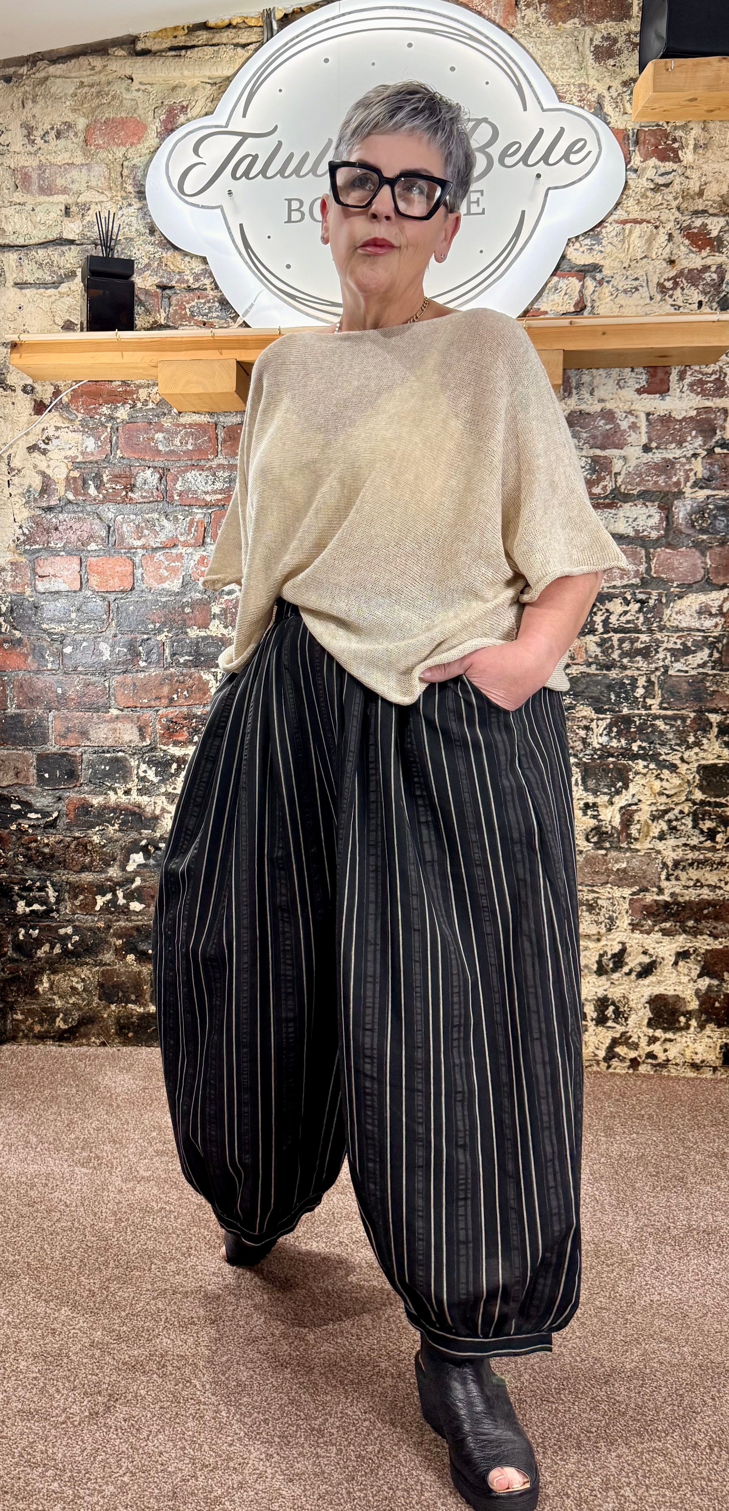 Pinstripe balloon leg trousers