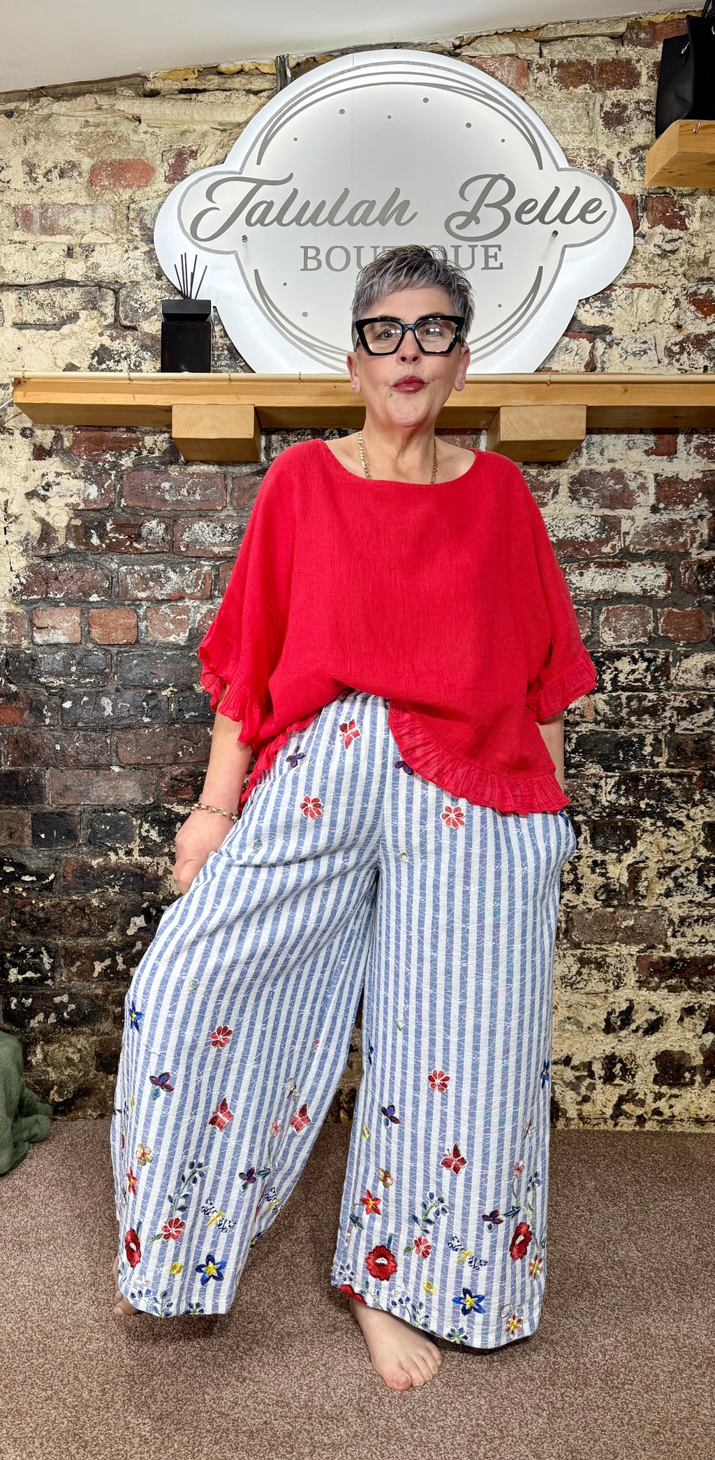 Wide leg trousers with lace overlay & embroidered floral appliqué