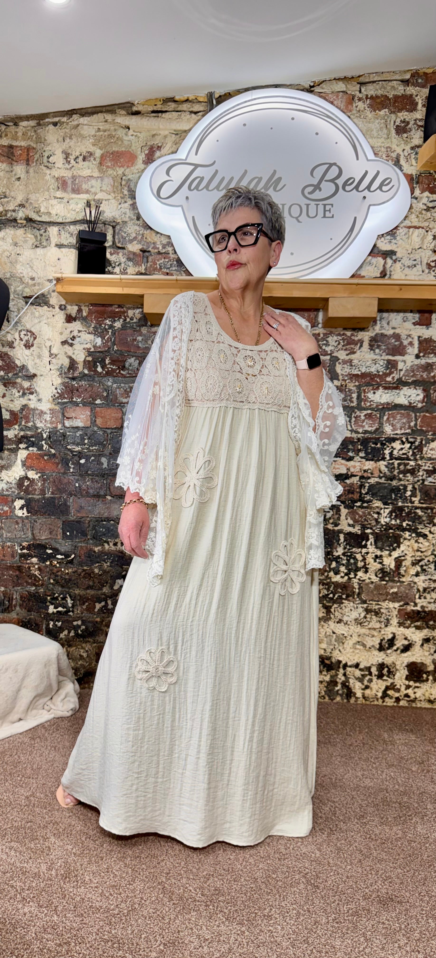 Linen blend dress with floral rope appliqués & crochet bust