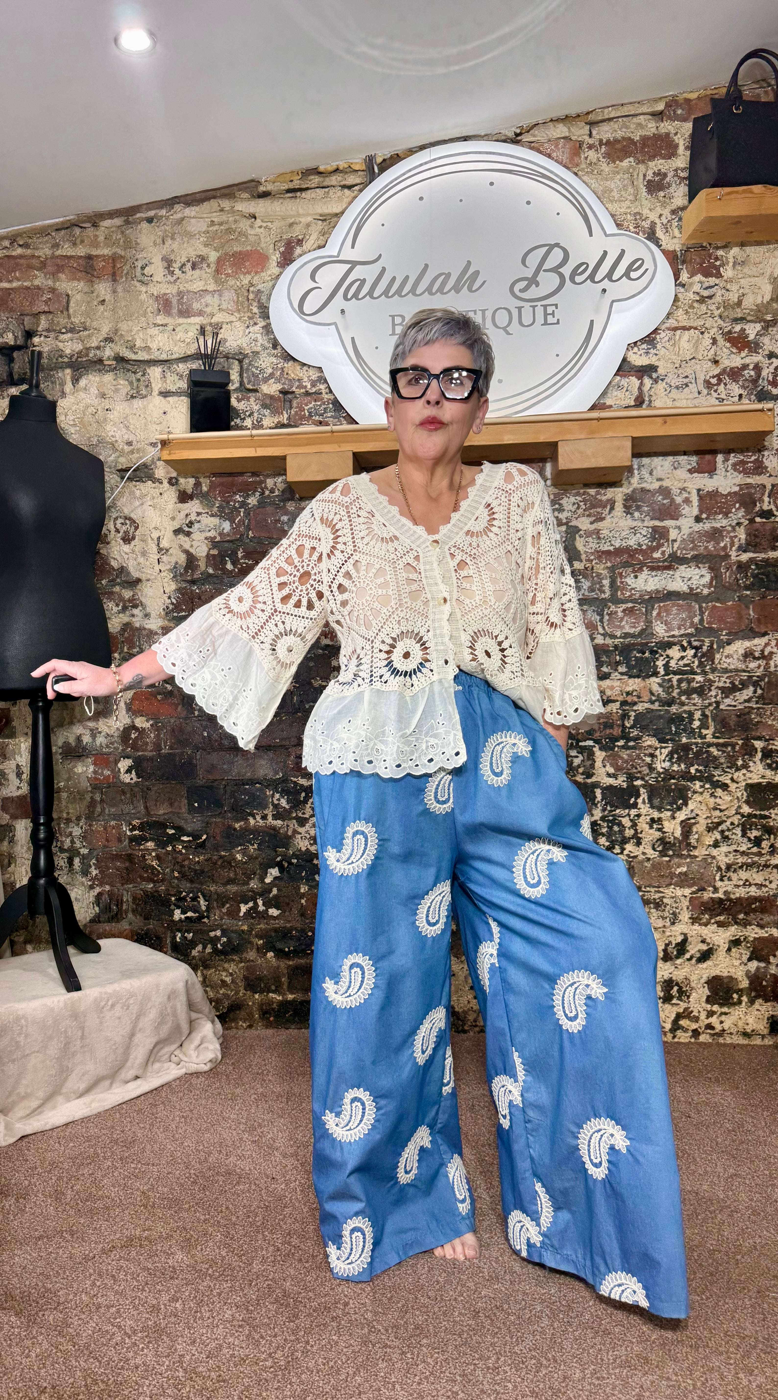 Premium wide leg trousers with Paisley crochet appliqués