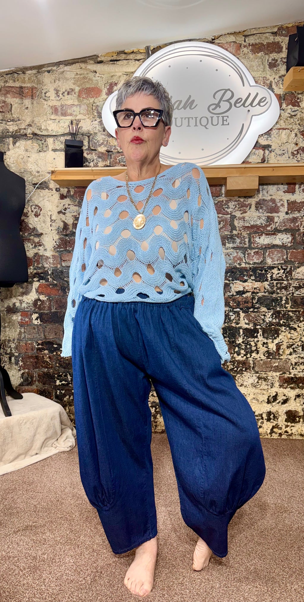 Chambray quirky wide cuff trousers.