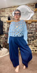 Chambray quirky wide cuff trousers.