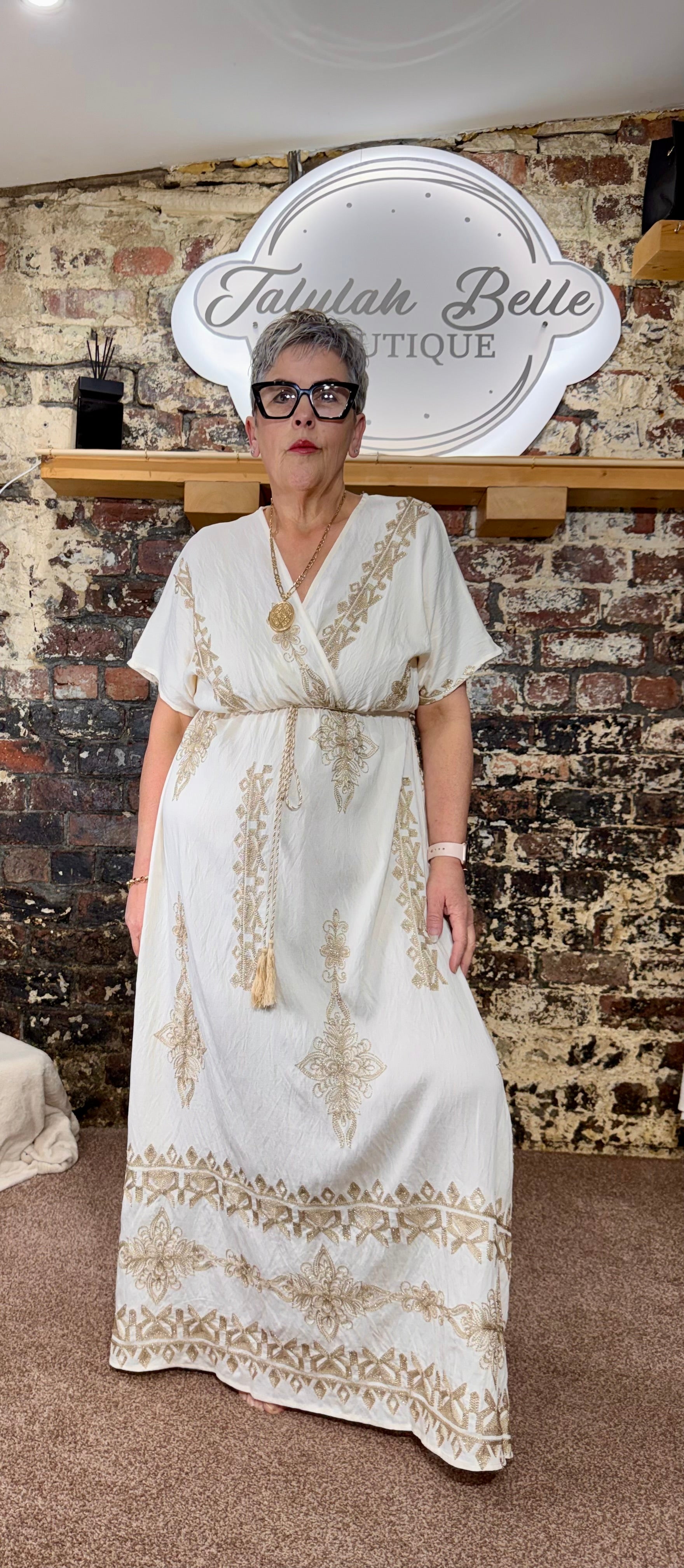 Linen blend “baroque” maxi dress