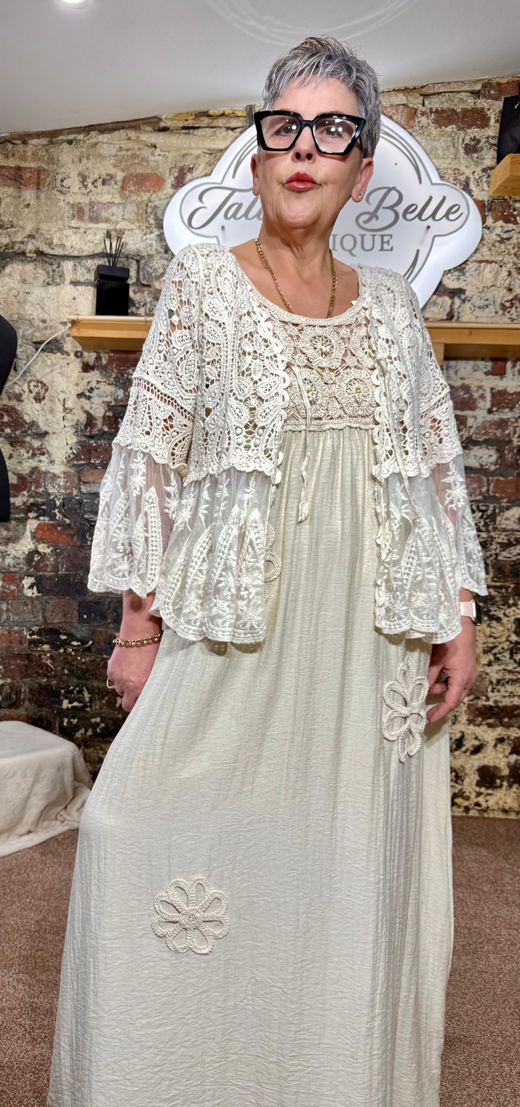 Linen blend dress with floral rope appliqués & crochet bust