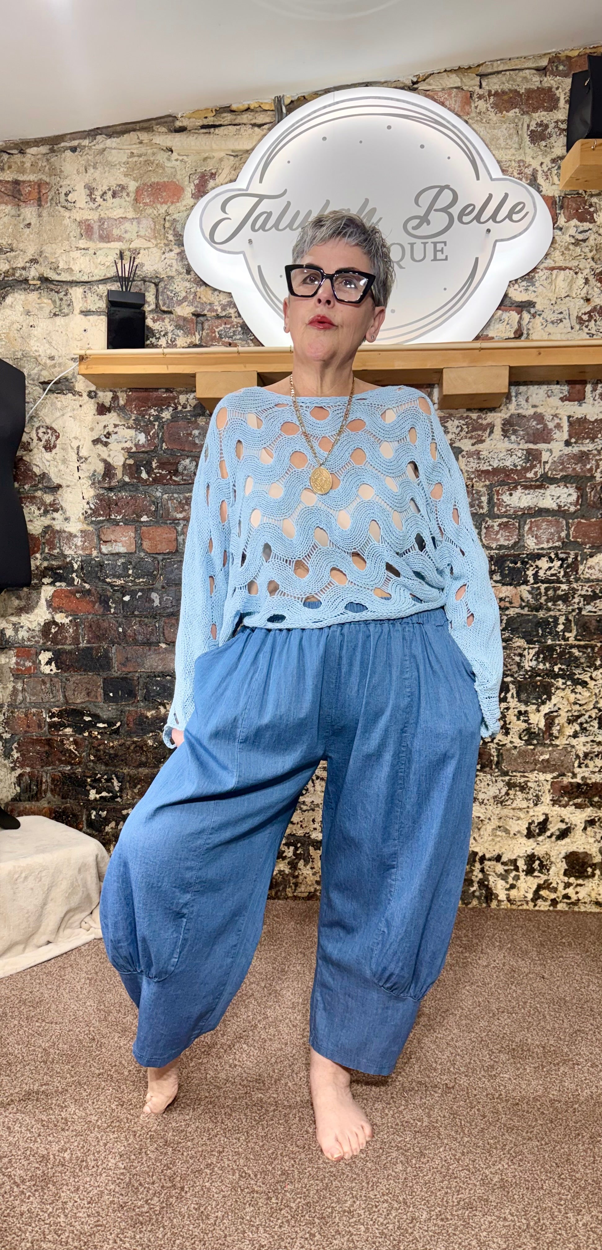 Chambray quirky wide cuff trousers.