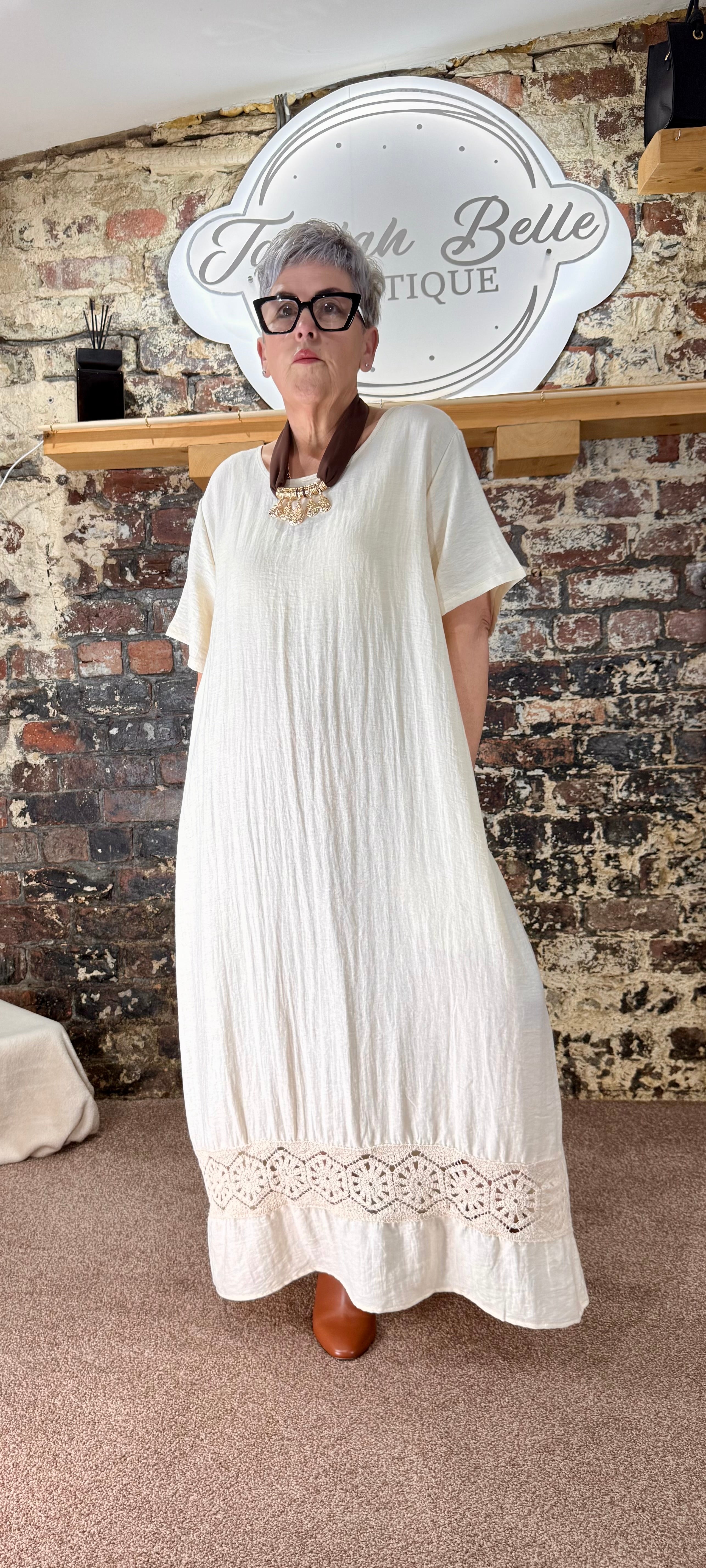 Linen blend crochet panel shift dress in Ecru