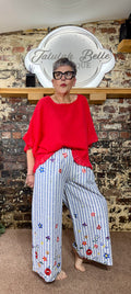 Wide leg trousers with lace overlay & embroidered floral appliqué