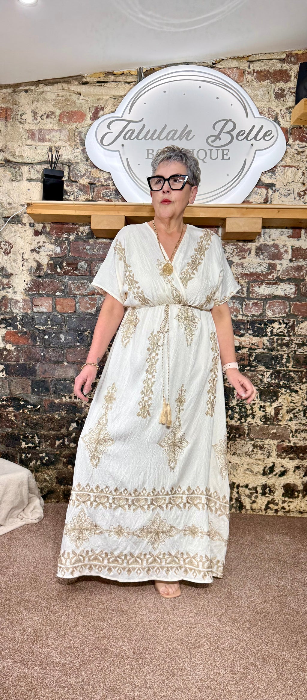 Linen blend “baroque” maxi dress