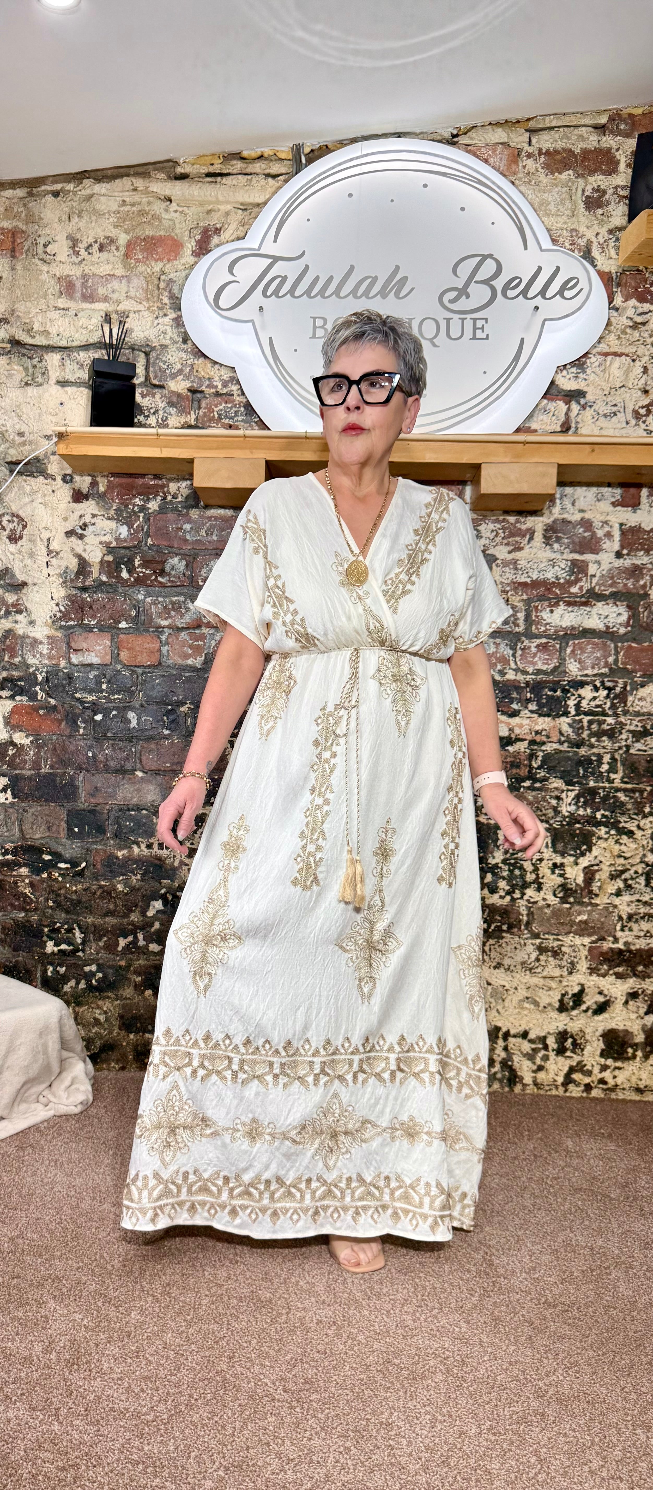 Linen blend “baroque” maxi dress