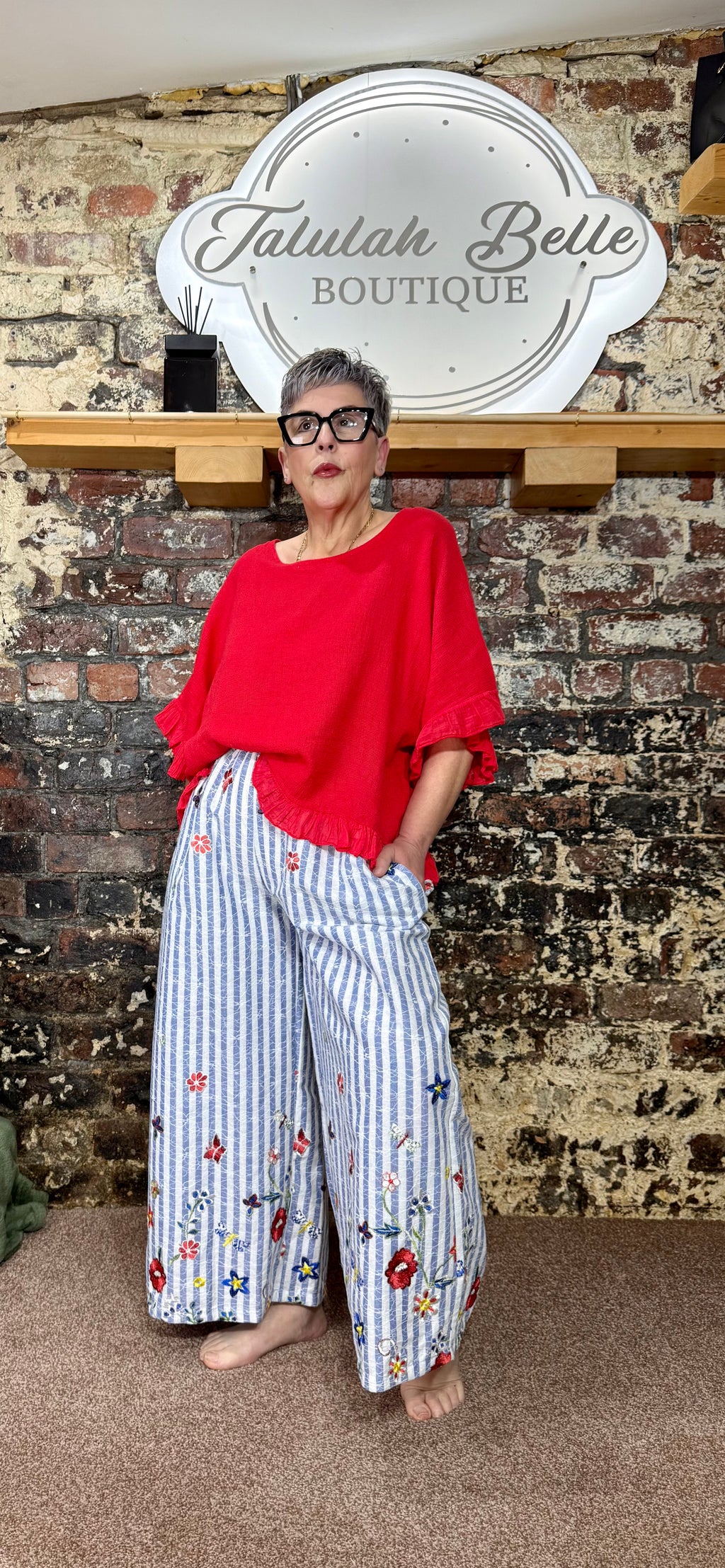 Wide leg trousers with lace overlay & embroidered floral appliqué