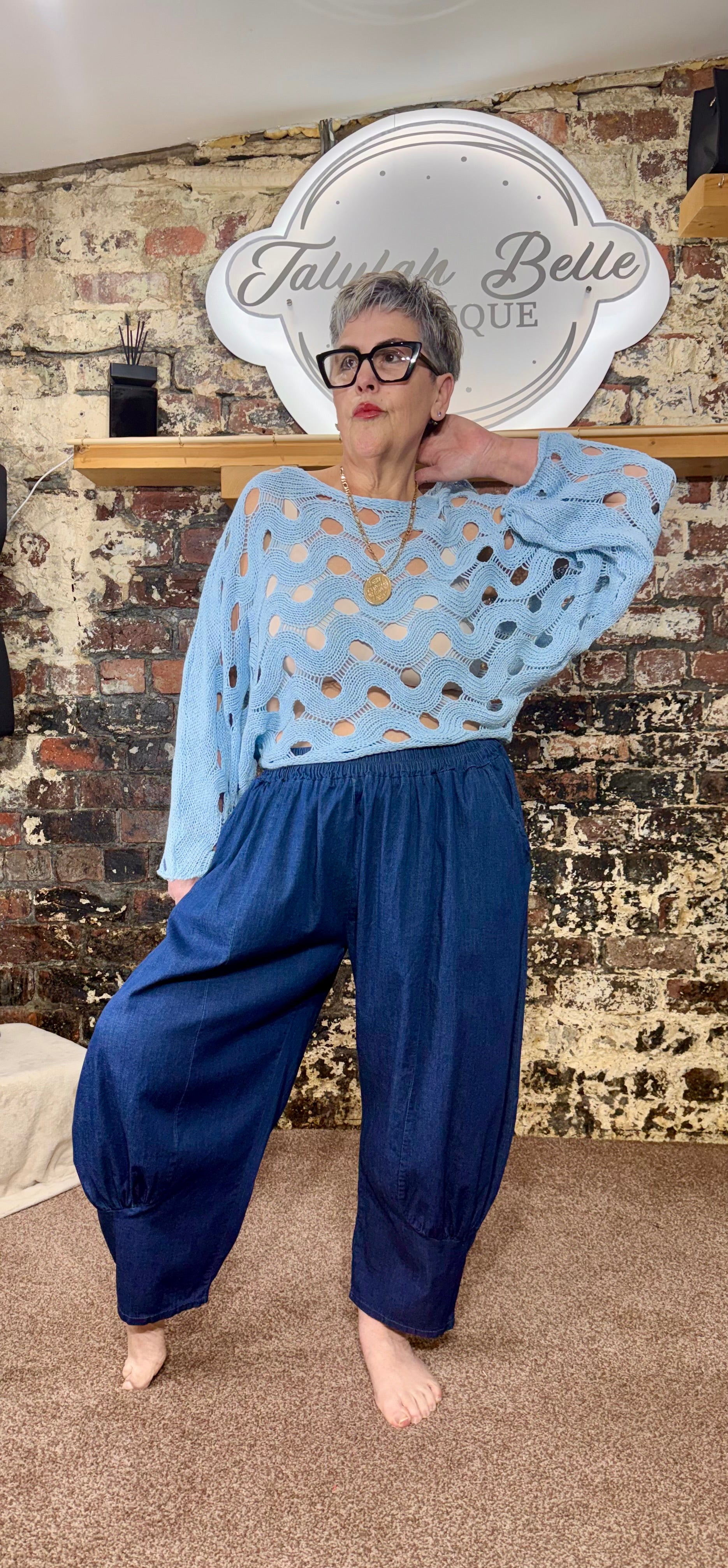 Chambray quirky wide cuff trousers.