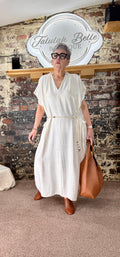 Linen blend V-neck pocketed shift dress in Ecru.