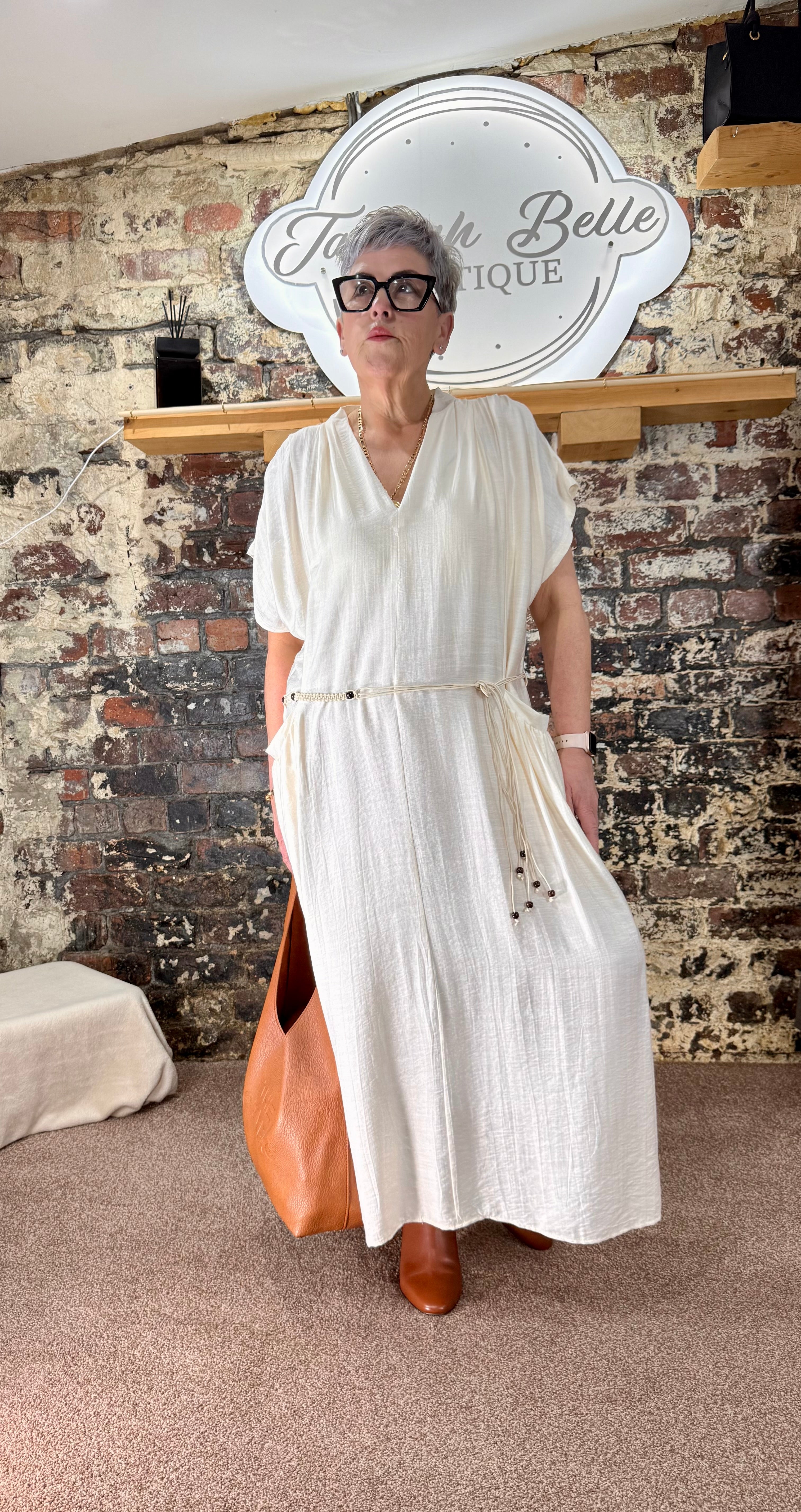 Linen blend V-neck pocketed shift dress in Ecru.