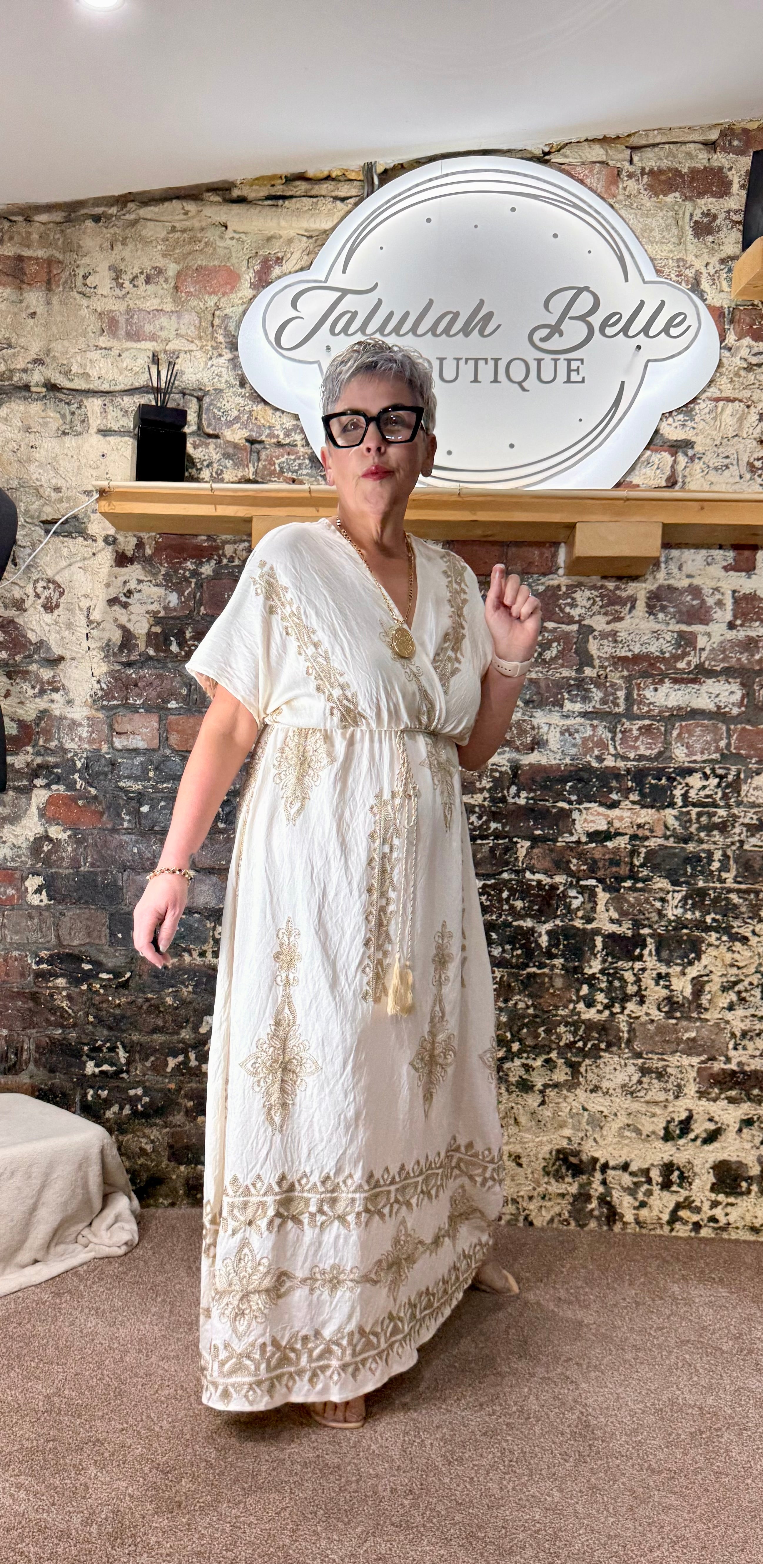 Linen blend “baroque” maxi dress