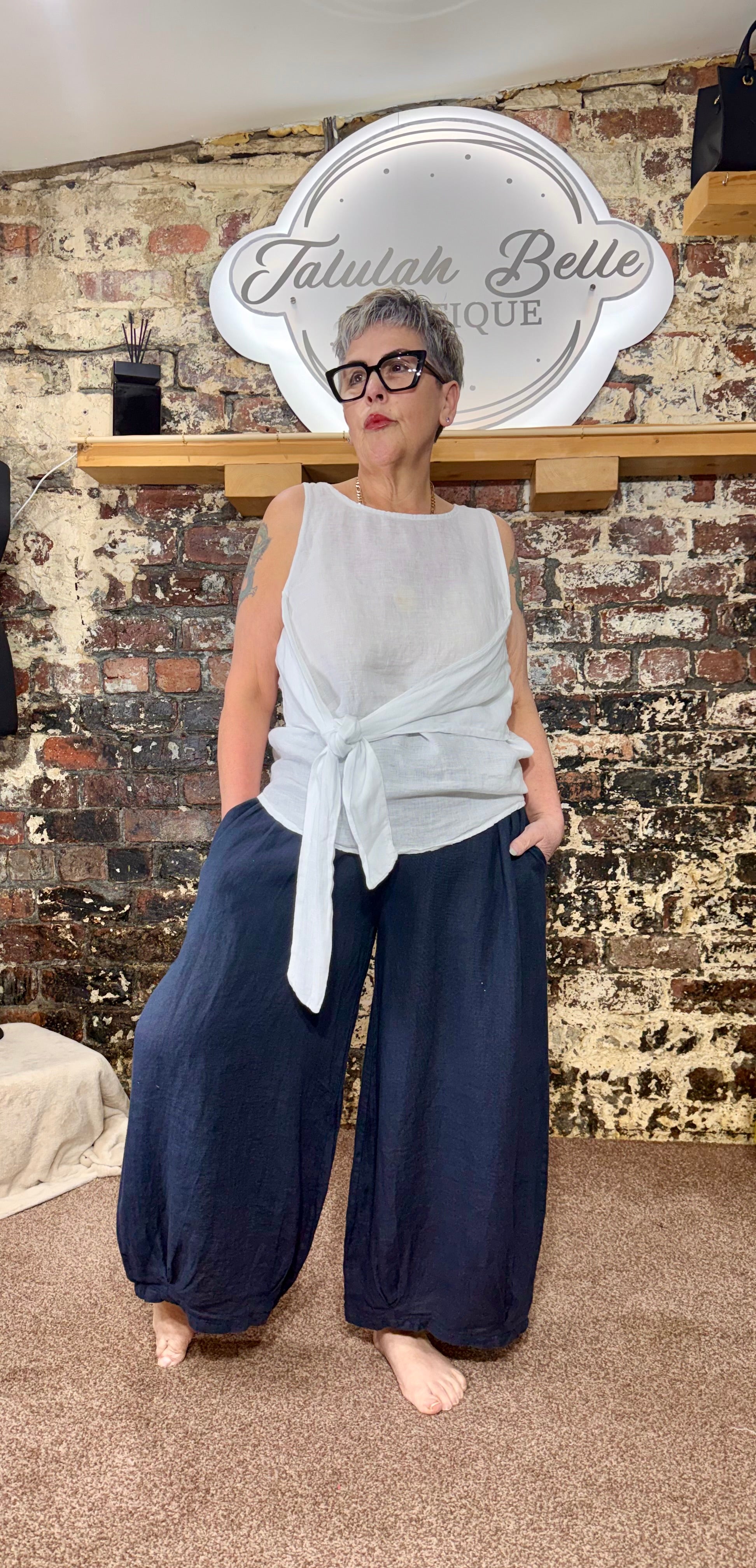 Premium 100% linen tie front top