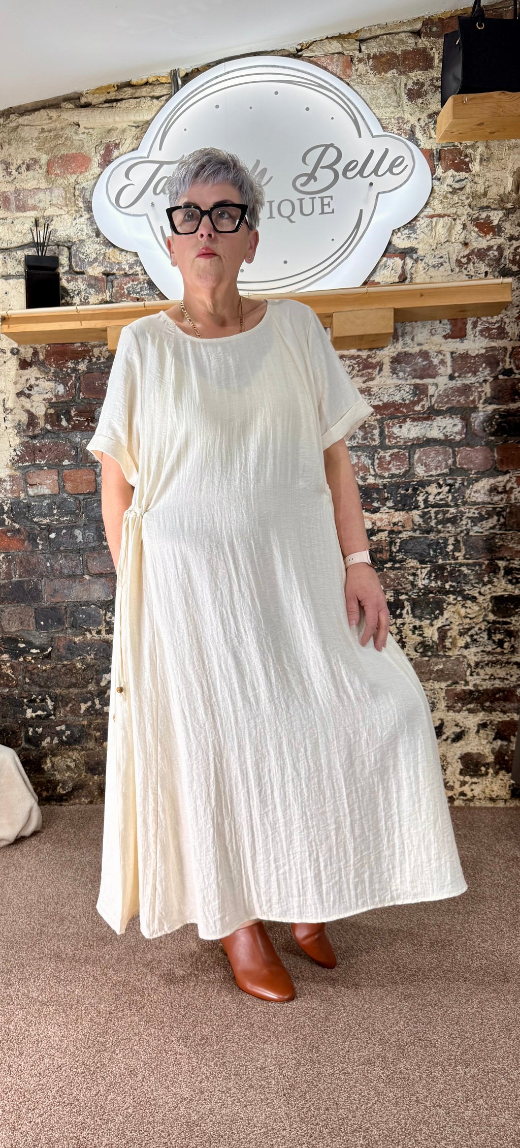 Tie side shift dress in ecru