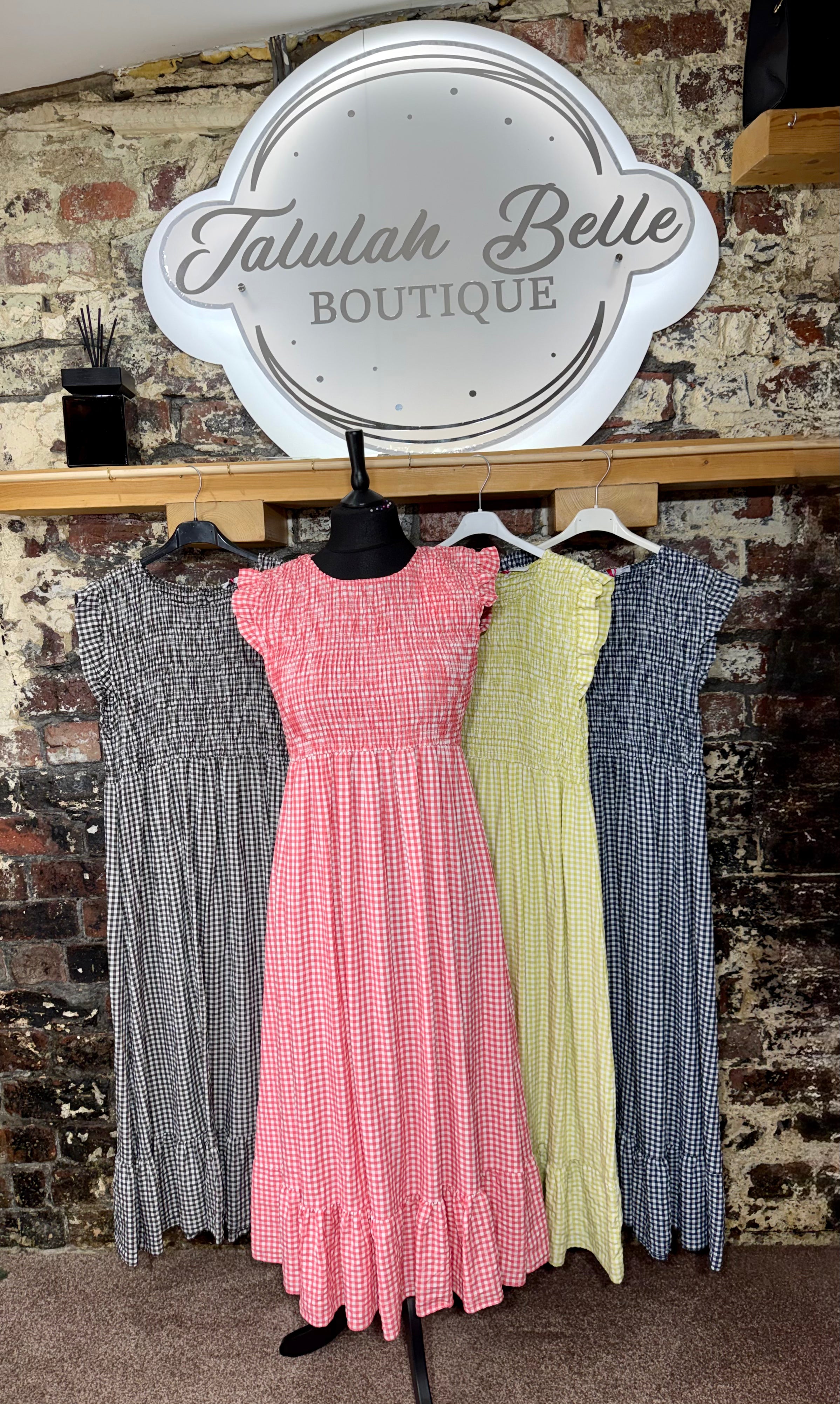 Super saver gingham dress with shirred bodice.
